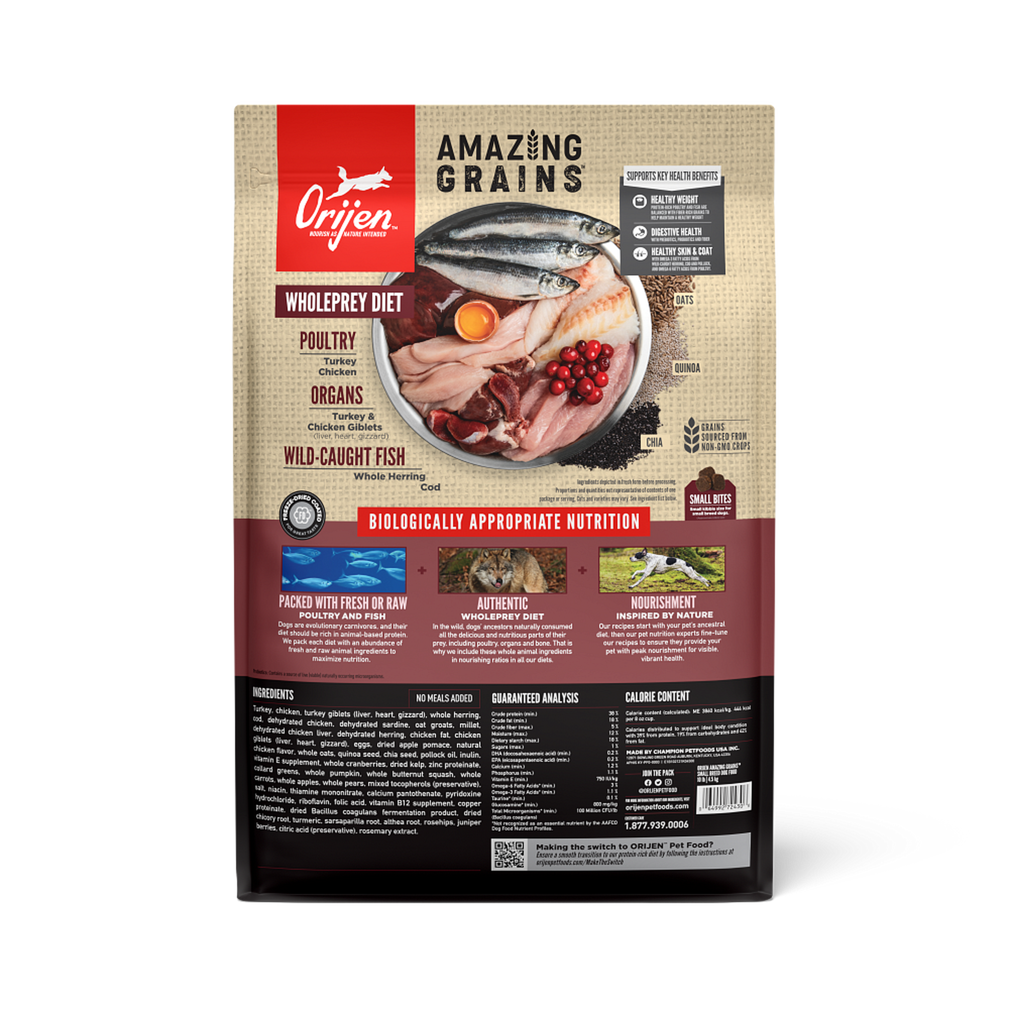 ORIJEN Amazing Grains Small Breed back of bag showing WholePrey ingredients, guaranteed analysis and calorie content