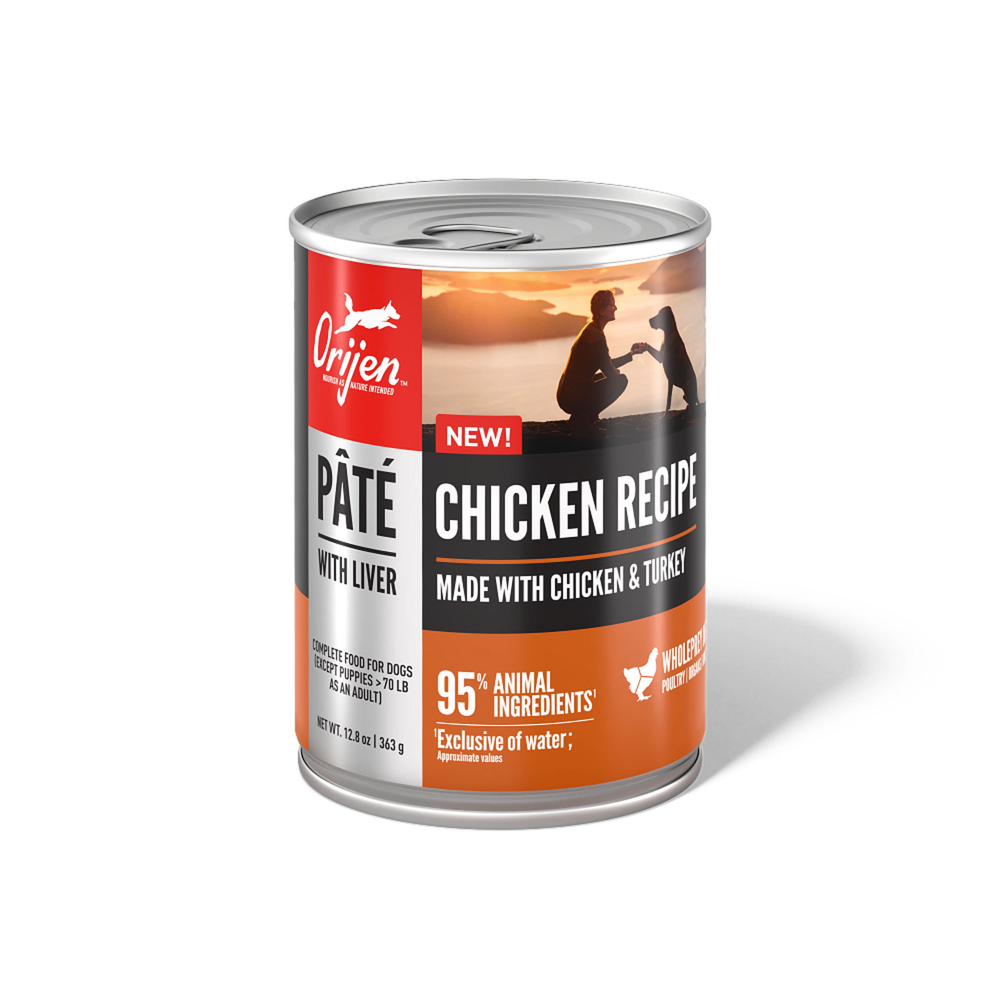 ORIJEN Chicken Recipe Pâté with Liver wet dog food made with chicken and turkey, front of the 12.8 oz can with 95 percent animal ingredients callout