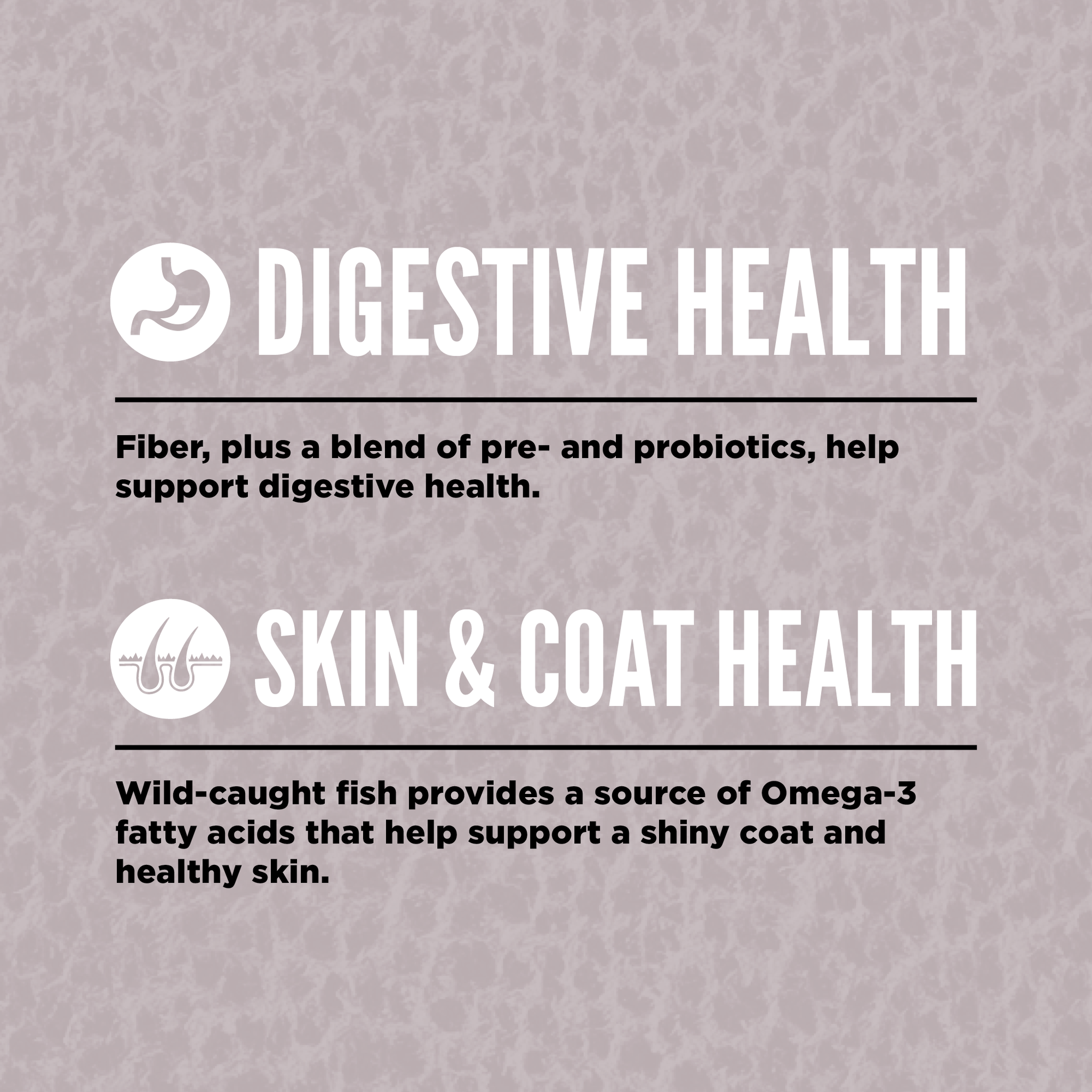 ORIJEN Fit & Trim cat food benefits graphic: fiber with pre- and probiotics for digestive health, and wild-caught fish Omega-3 fatty acids for a shiny coat and healthy skin