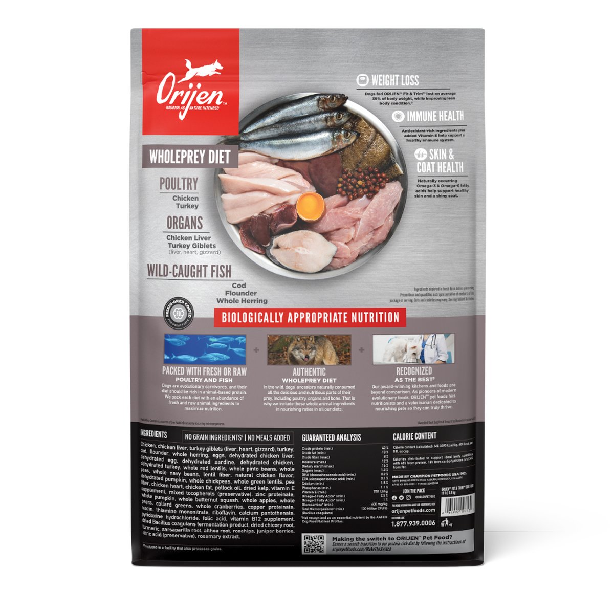 Back of the ORIJEN Fit & Trim dry dog food bag showing the WholePrey diet of poultry, organs, and wild-caught fish, plus the ingredients list, guaranteed analysis, and calorie content