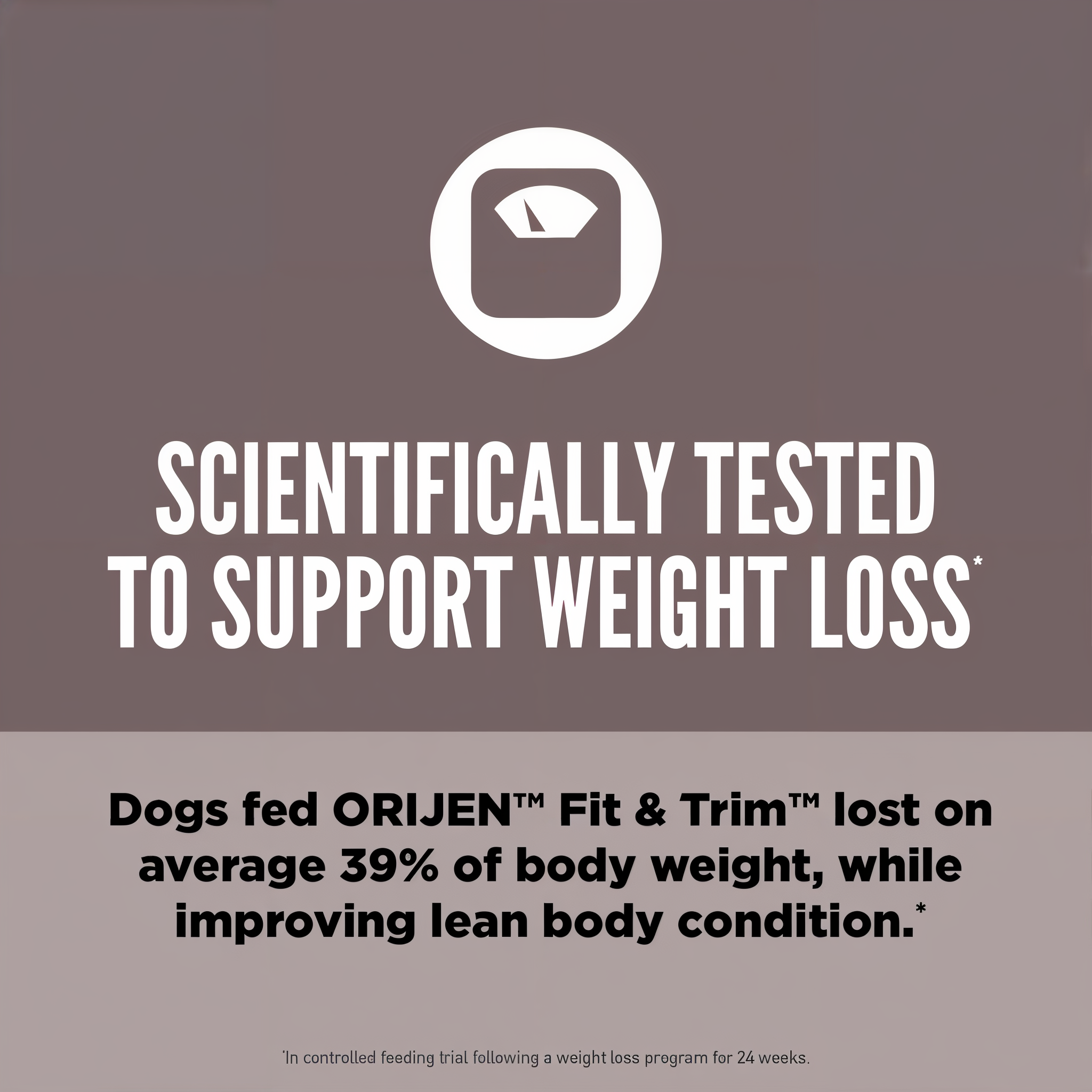 Scientifically tested to support weight loss: dogs fed ORIJEN Fit & Trim lost on average 39 percent of body weight while improving lean body condition in a controlled 24-week feeding trial
