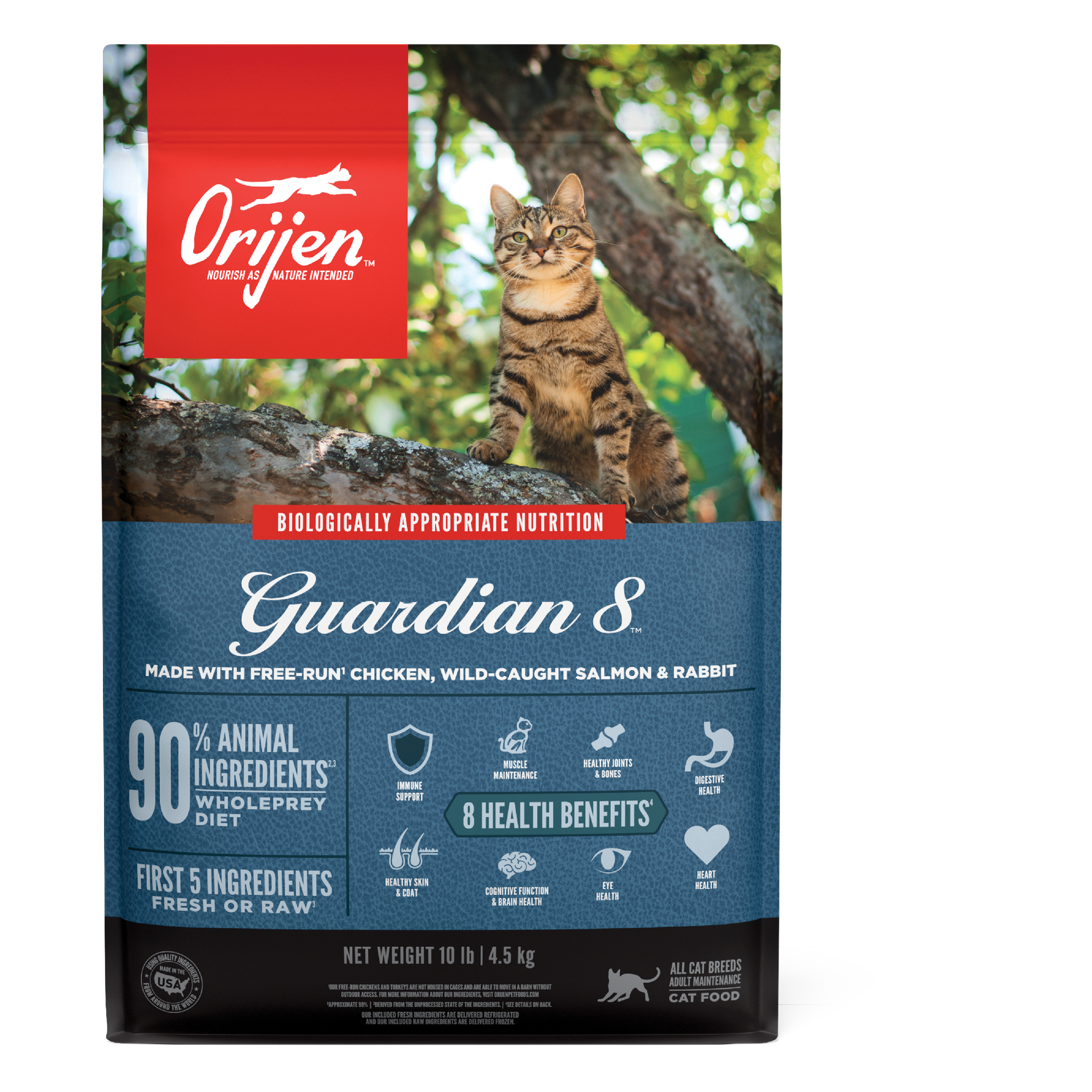 Orijen Guardian 8 biologically appropriate dry cat food bag with free-run chicken, wild-caught salmon, and rabbit