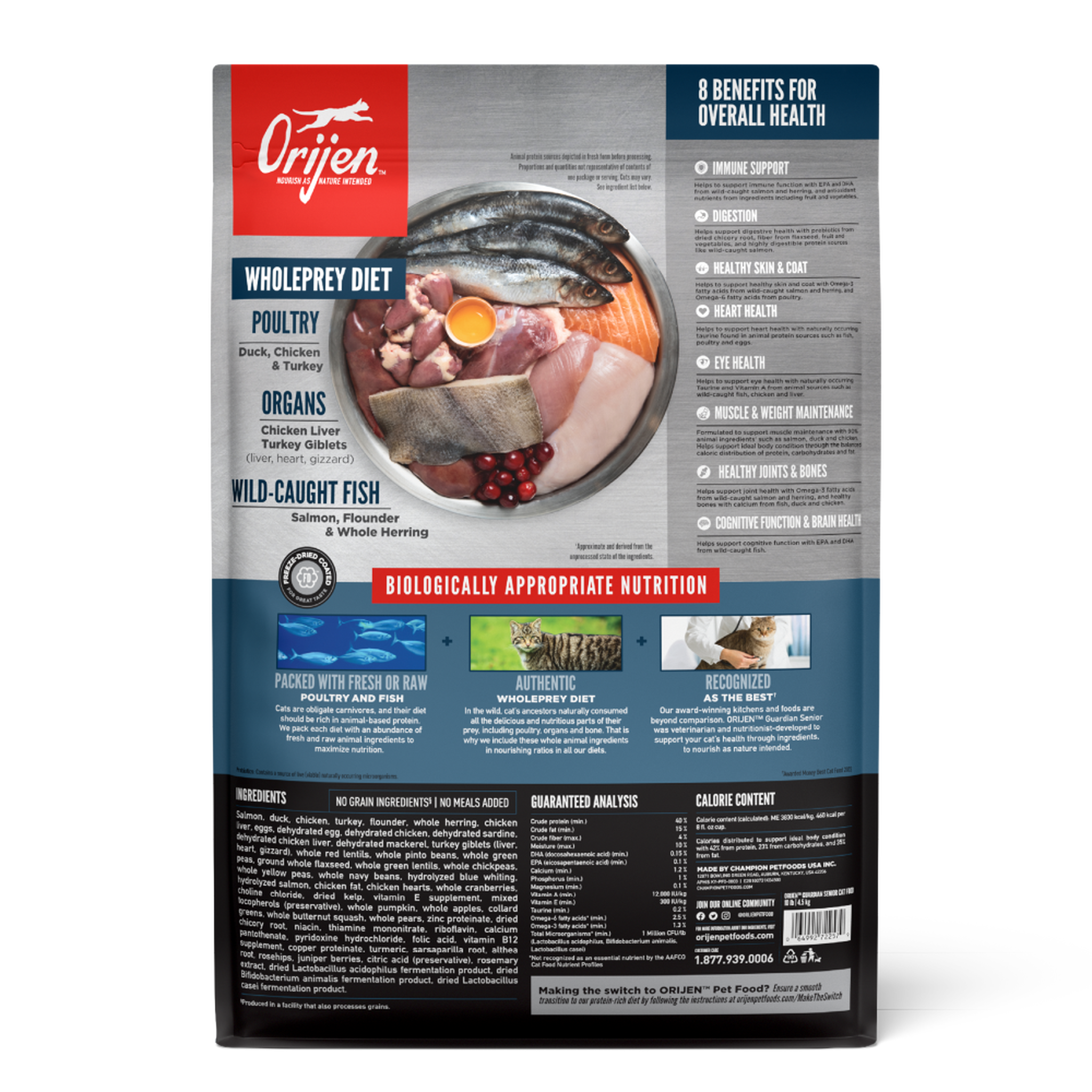 Back of the ORIJEN Guardian Senior dry cat food bag detailing the WholePrey diet, 8 benefits for overall health, ingredients, guaranteed analysis, and calorie content