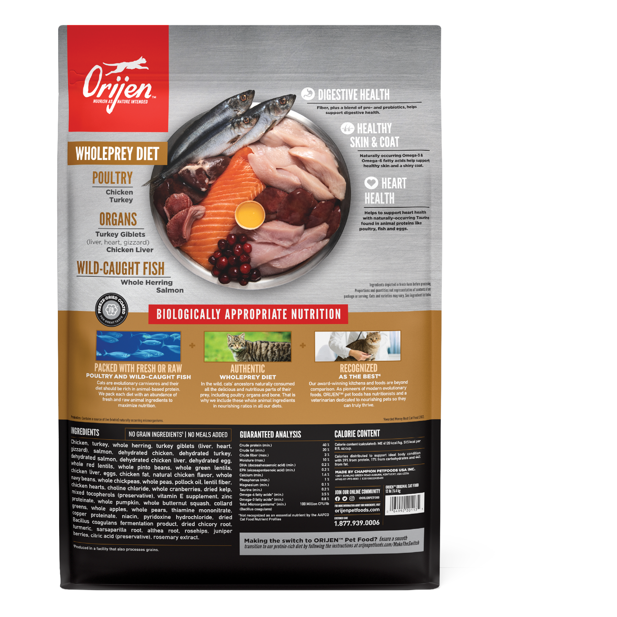 Back of the Orijen Original Cat bag showing the WholePrey diet breakdown, ingredients, and guaranteed analysis