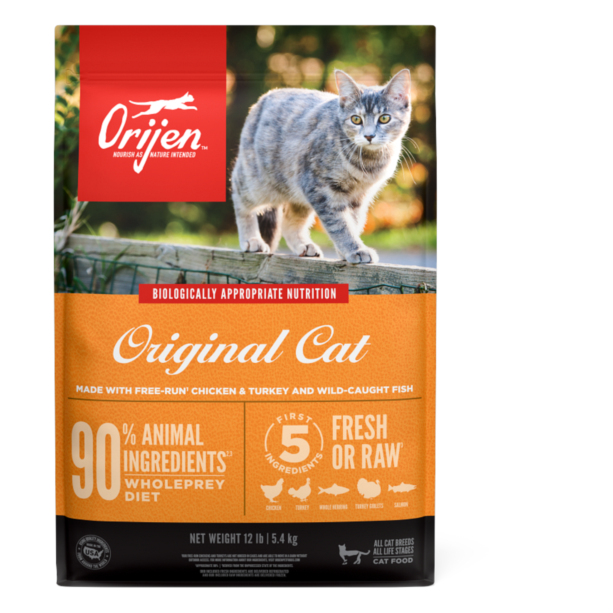 Orijen Original Cat biologically appropriate dry cat food bag with free-run chicken, turkey, and wild-caught fish