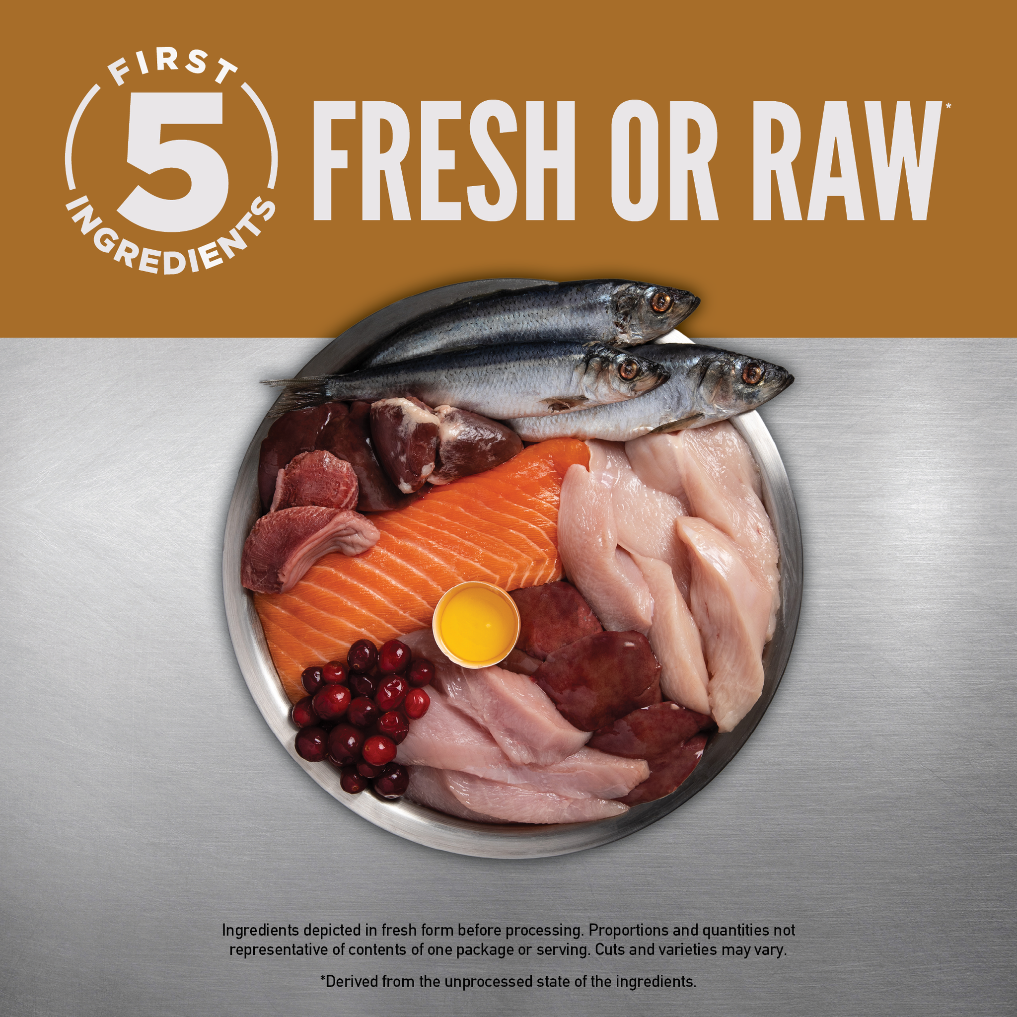 First 5 ingredients fresh or raw: bowl of fresh poultry, salmon, herring, liver, egg, and cranberries