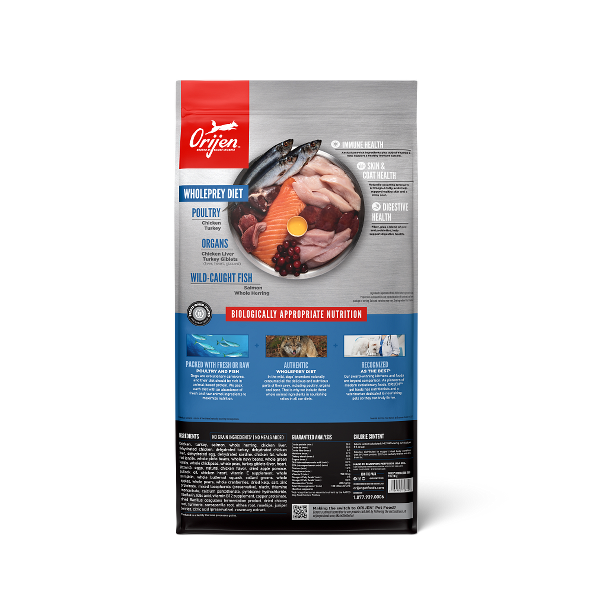 Back of the ORIJEN Original dry dog food bag showing the WholePrey plate of poultry, organs and wild-caught fish, plus the ingredients panel, guaranteed analysis and calorie content