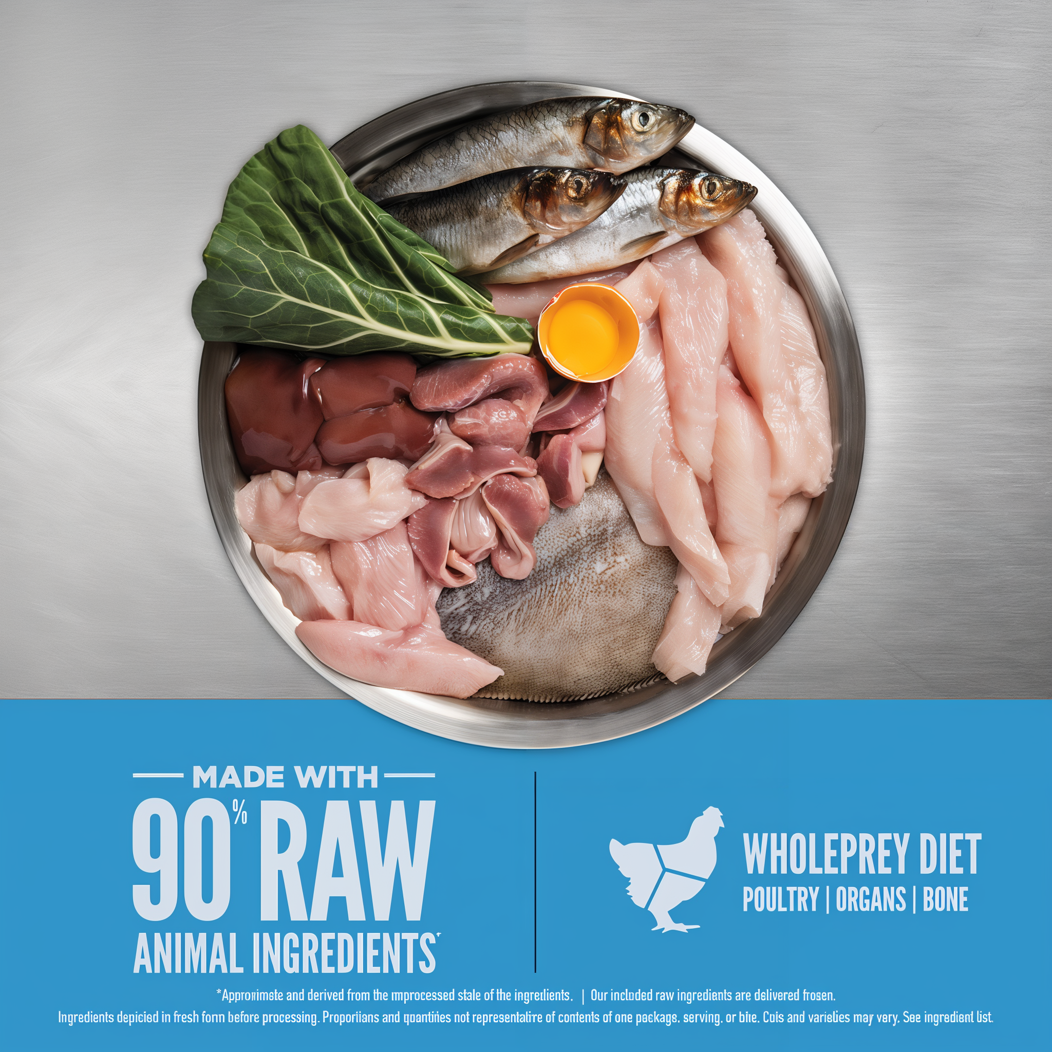 Bowl of raw chicken, turkey, whole herring, flounder, liver, turkey giblets, egg and collard greens illustrating 90 percent raw animal ingredients