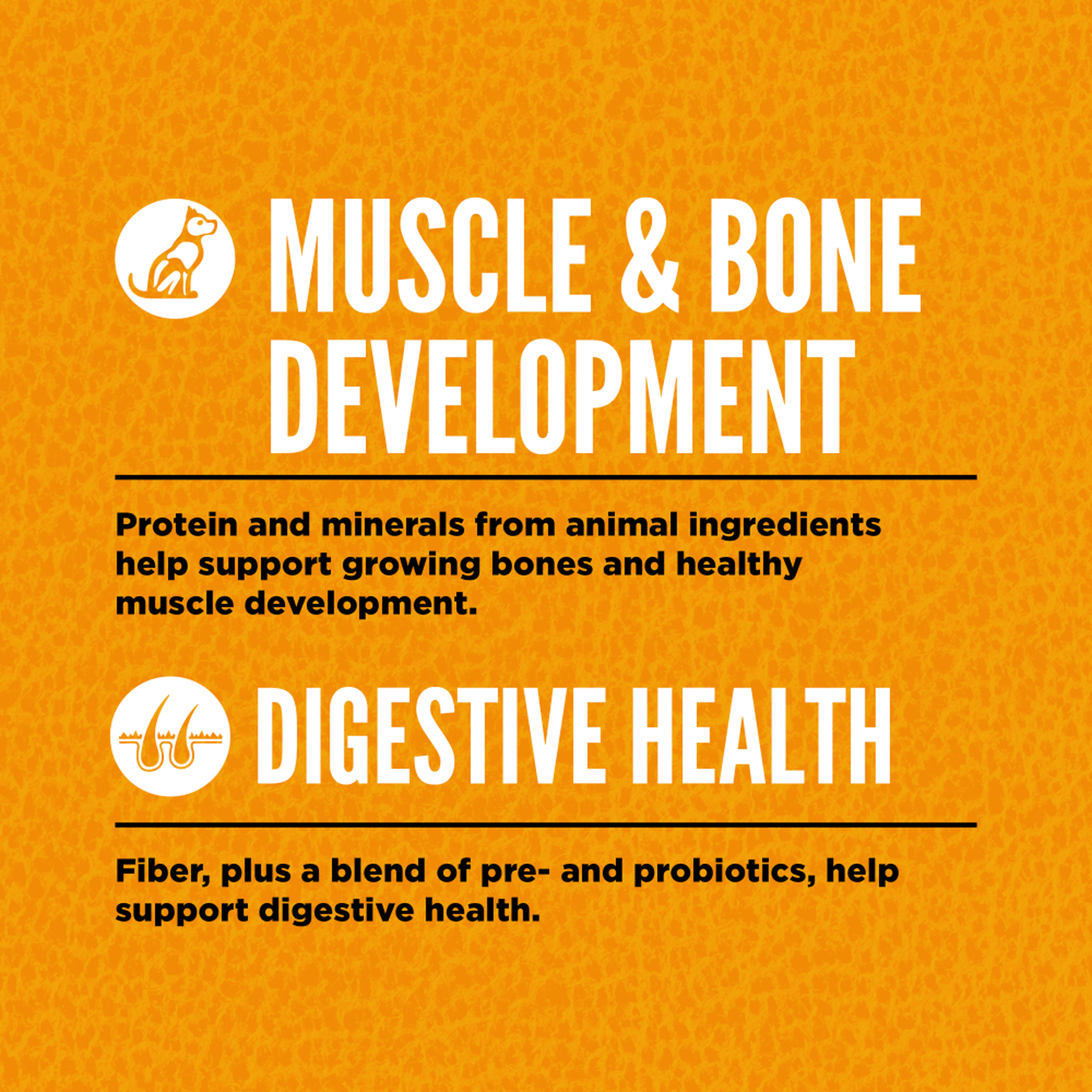 ORIJEN Puppy dry dog food benefits: protein and minerals for muscle and bone development, plus fiber with pre- and probiotics for digestive health