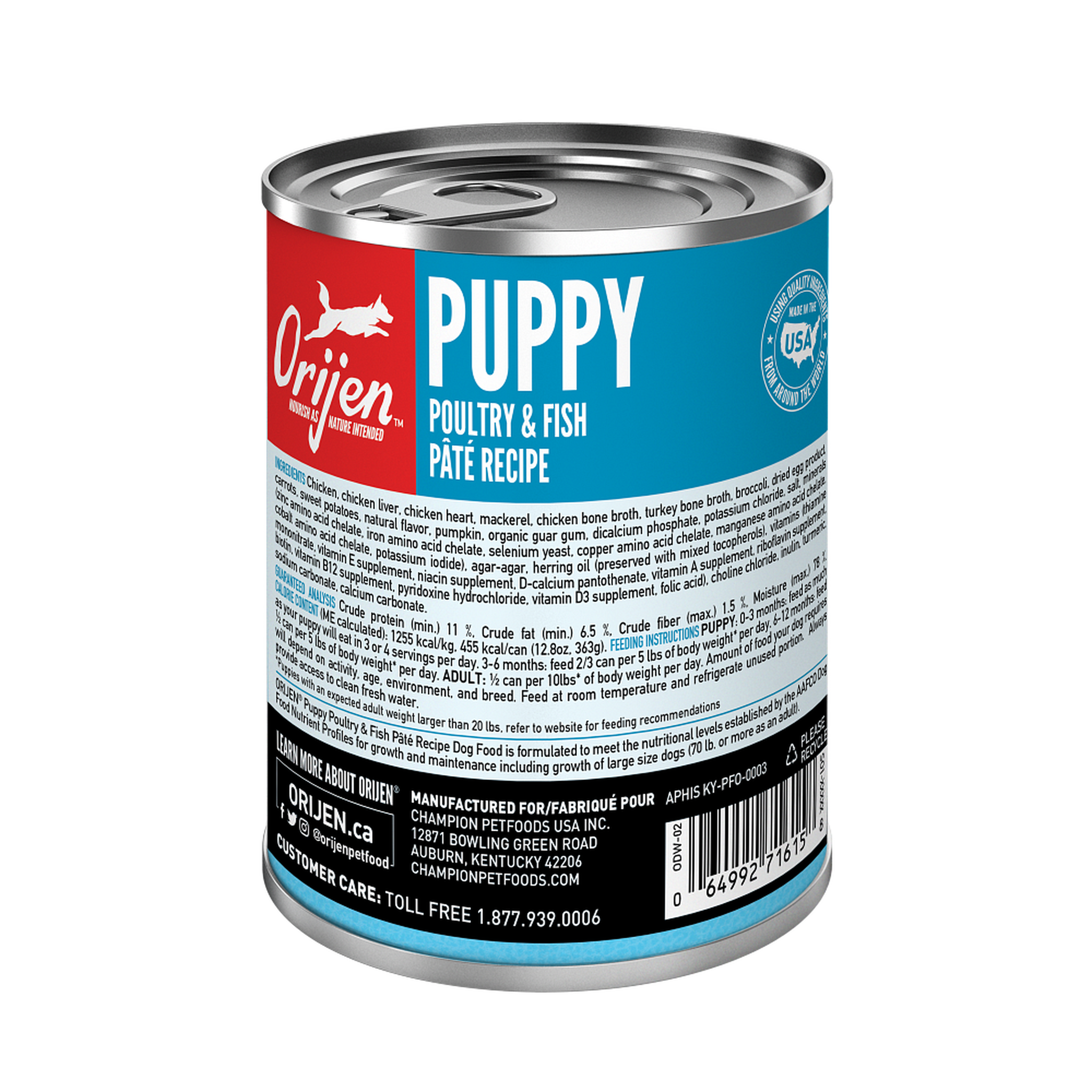 Back label of the ORIJEN Puppy Poultry and Fish Pâté can with full ingredients, guaranteed analysis, calorie content, and feeding instructions