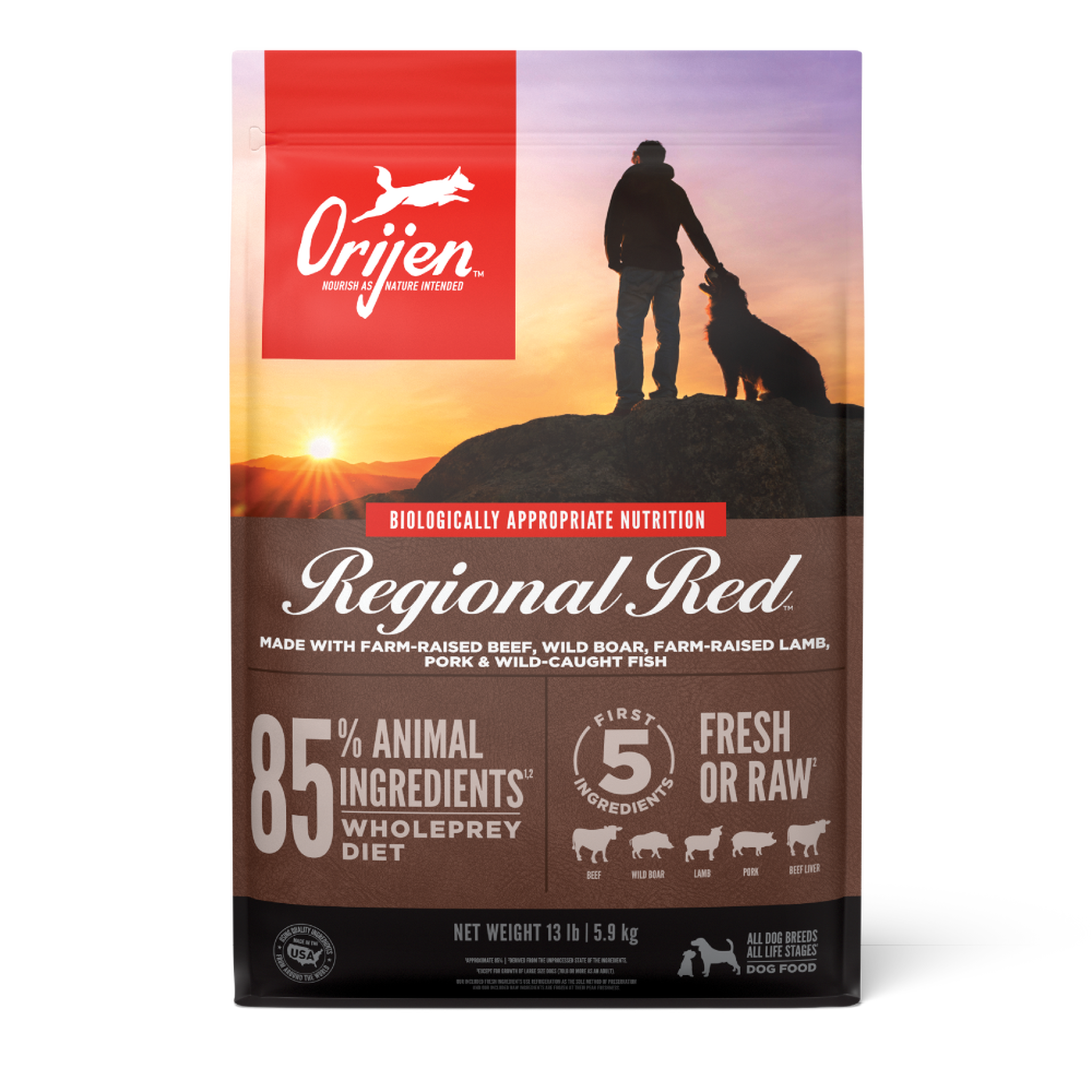 Orijen Regional Red dry dog food front of bag with 85% animal ingredients WholePrey diet and first 5 ingredients fresh or raw