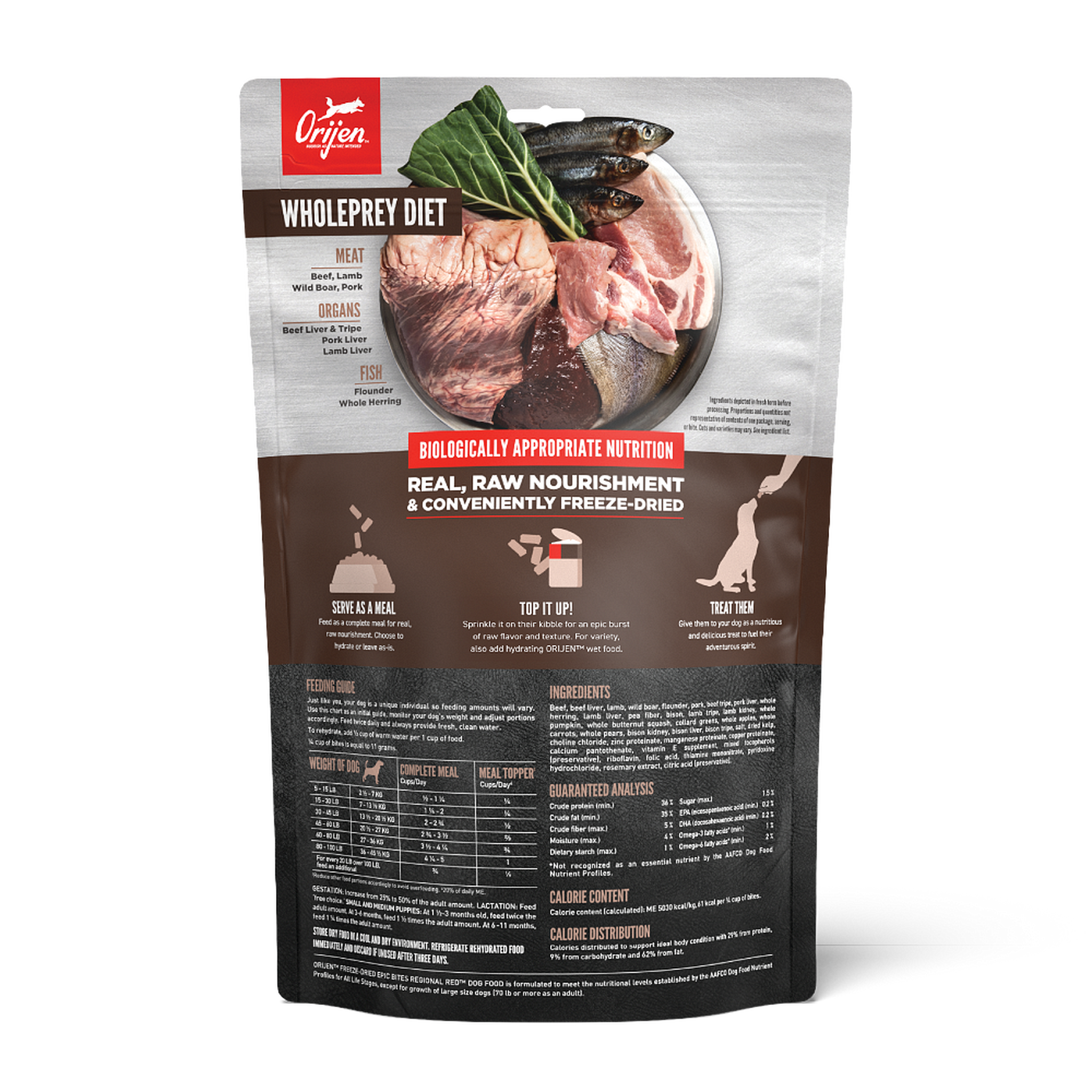 Back of the ORIJEN Regional Red Epic Bites 6 oz bag showing the WholePrey ingredients, feeding guide, ingredient list and guaranteed analysis