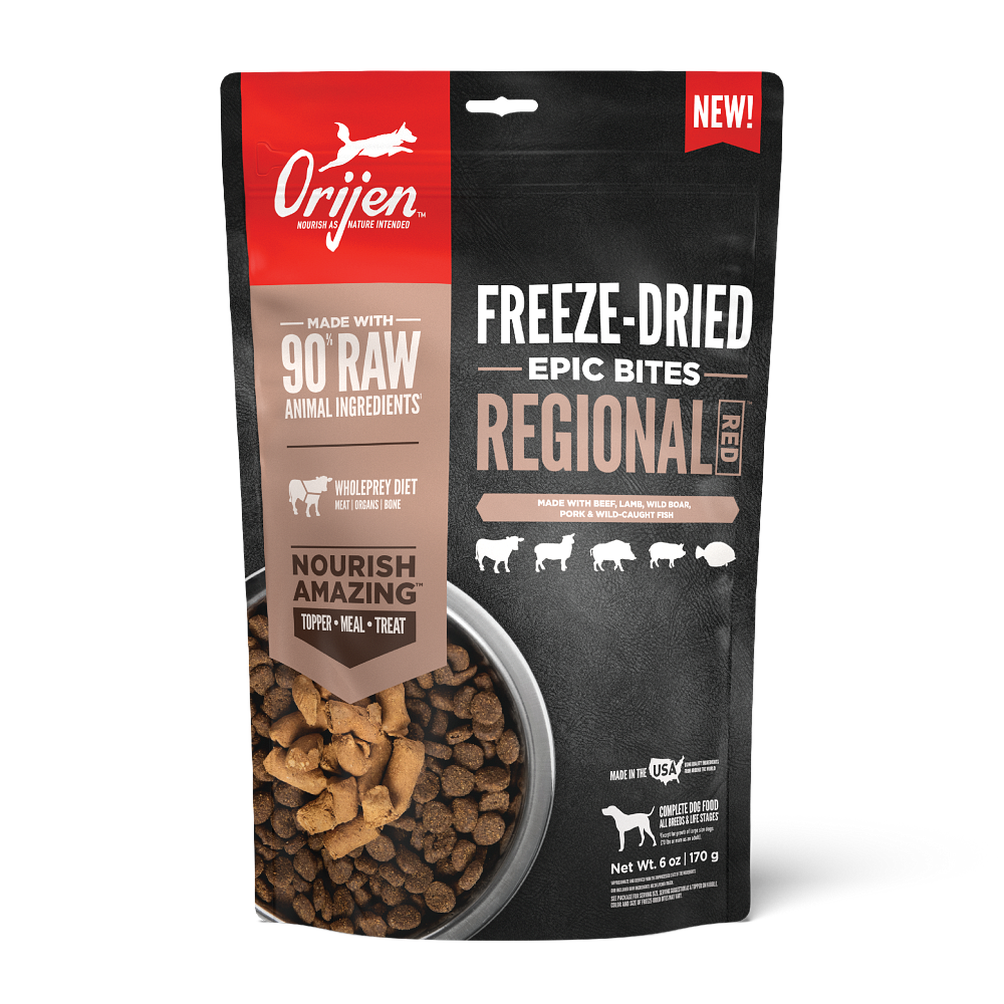 ORIJEN Regional Red Epic Bites freeze-dried dog food, front of the 6 oz bag made with 90 percent raw animal ingredients and a WholePrey diet of beef, lamb, wild boar, pork and wild-caught fish