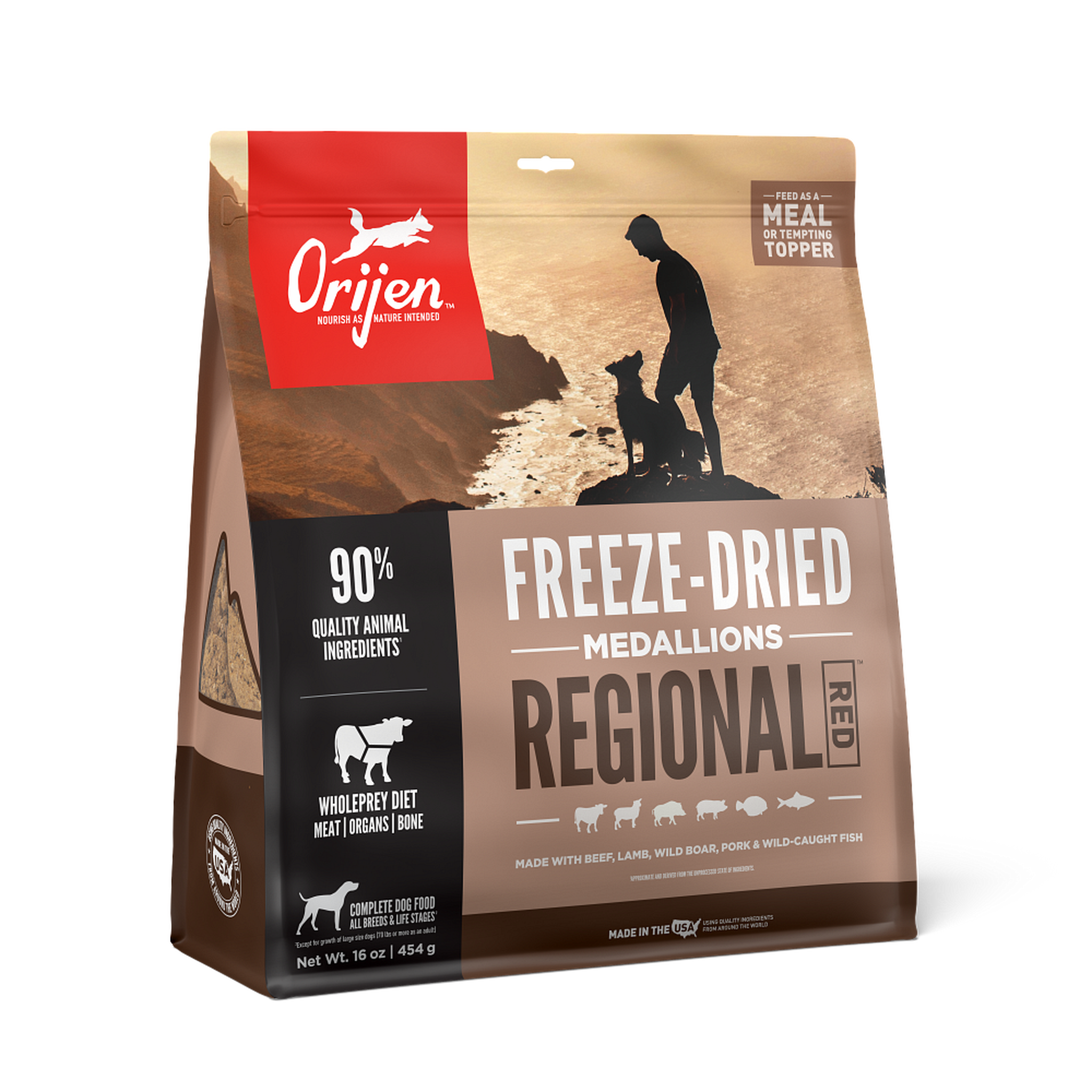 ORIJEN Regional Red Freeze-Dried Medallions dog food, front of the bag with 90 percent quality animal ingredients, WholePrey diet, and made with beef, lamb, wild boar, pork and wild-caught fish