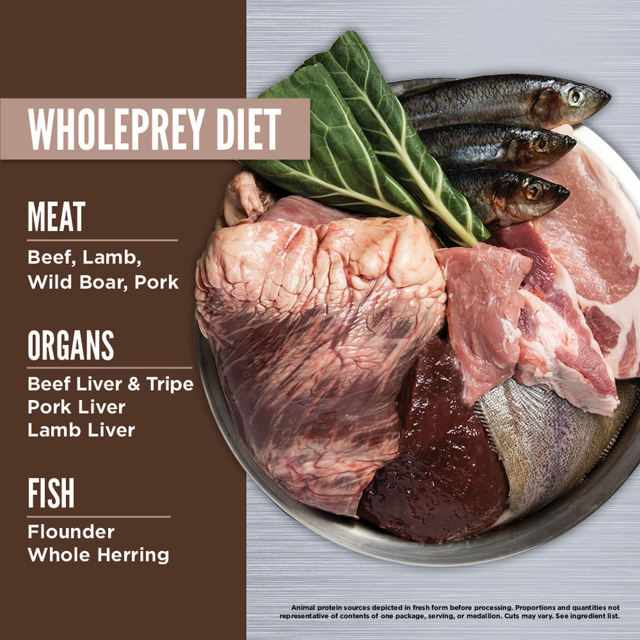 ORIJEN WholePrey diet plate of raw beef, lamb, wild boar and pork with beef liver and tripe, pork liver, lamb liver, flounder and whole herring