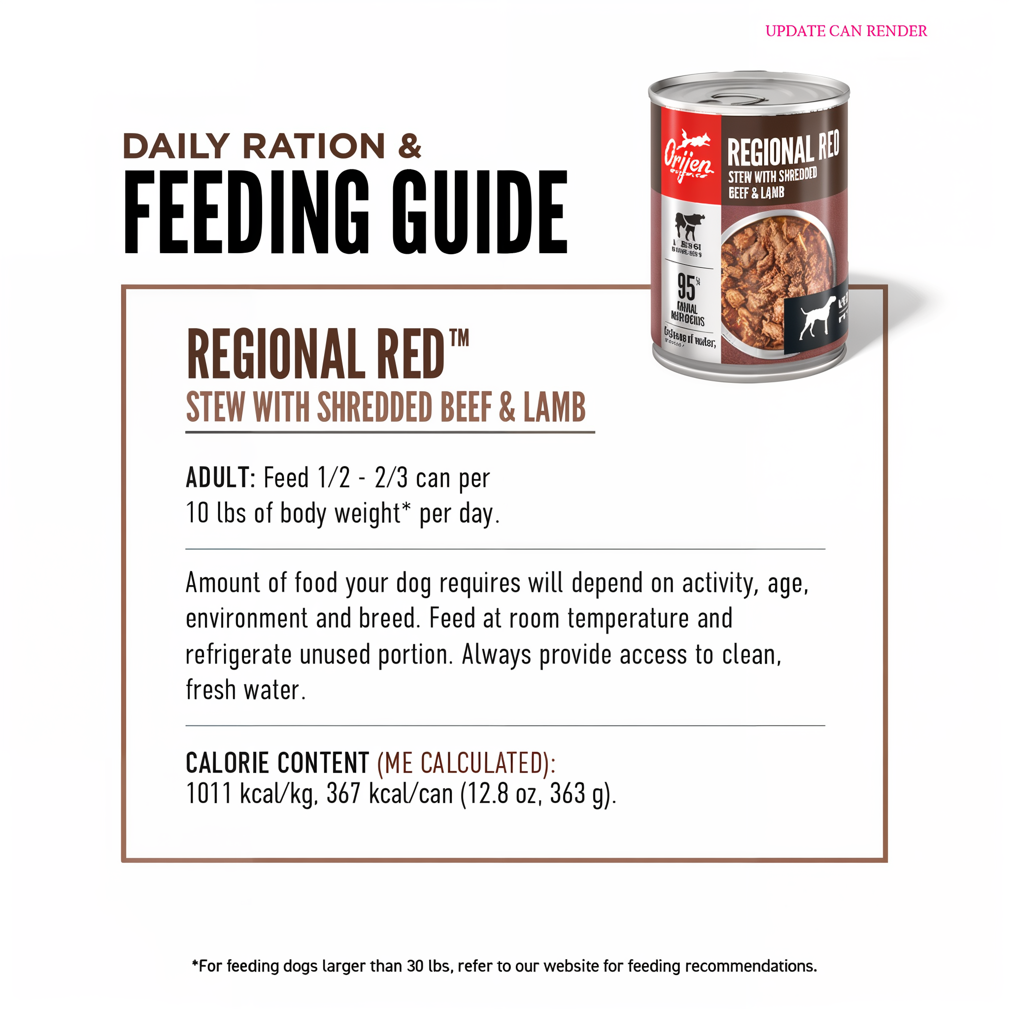 ORIJEN Regional Red Stew daily ration and feeding guide for adult dogs: feed one-half to two-thirds can per 10 lbs of body weight per day
