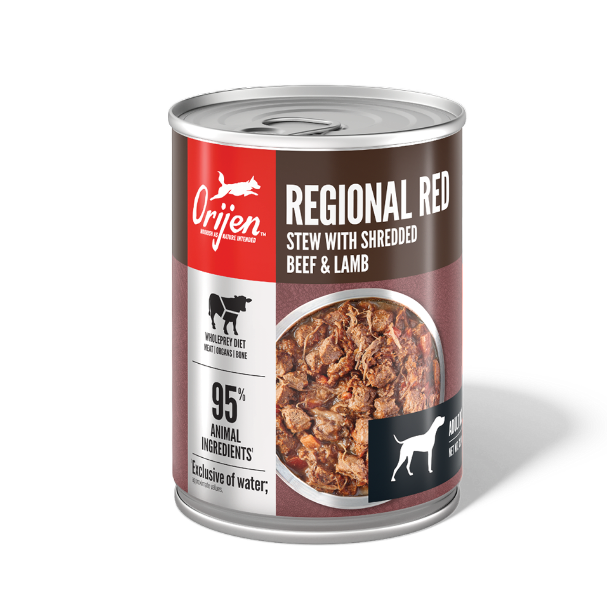 ORIJEN Regional Red Stew with Shredded Beef and Lamb wet dog food, front of the 12.8 oz can with WholePrey diet and 95 percent animal ingredients callouts