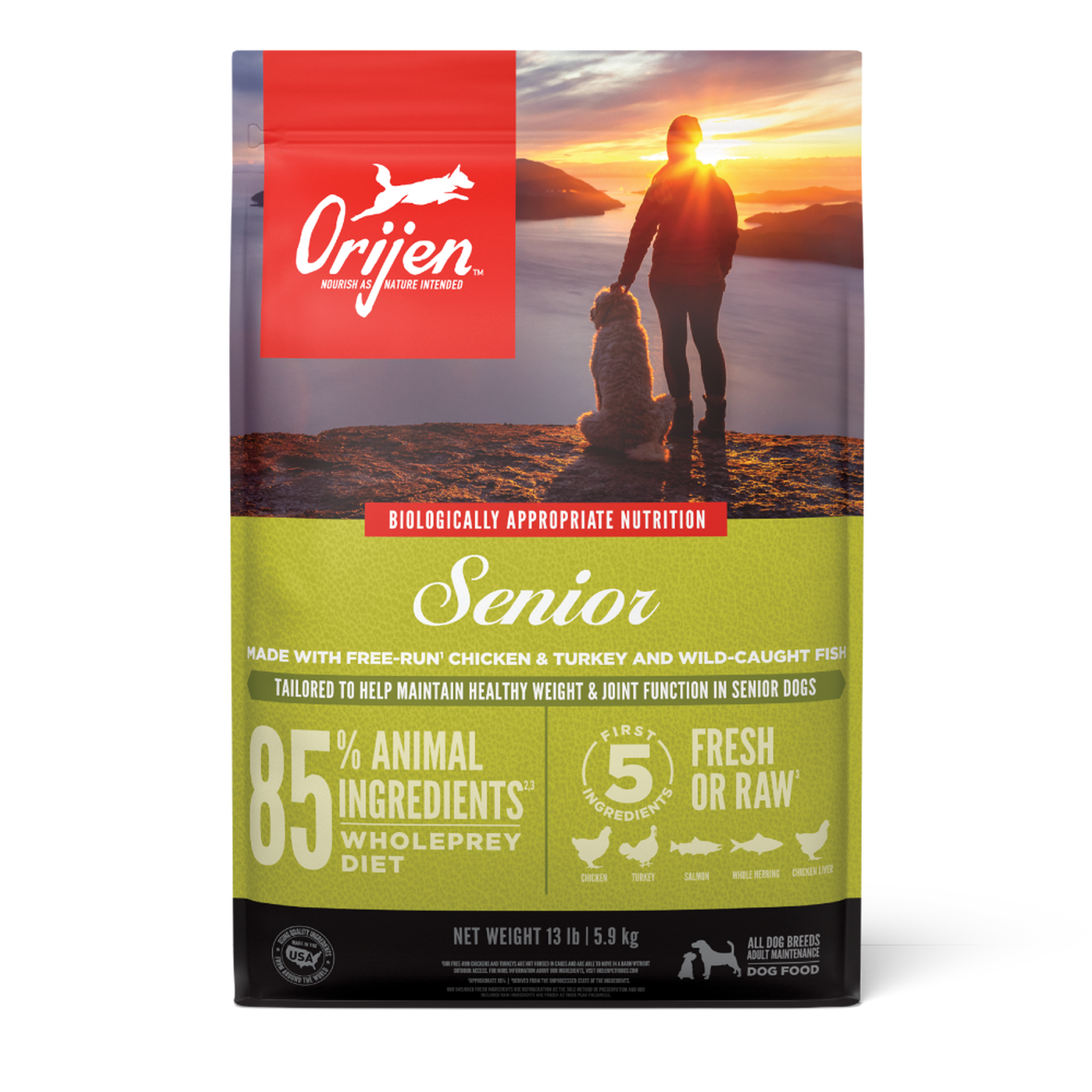 Orijen Senior dry dog food front of bag, made with free-run chicken and turkey and wild-caught fish, 85 percent animal WholePrey diet #25 LB