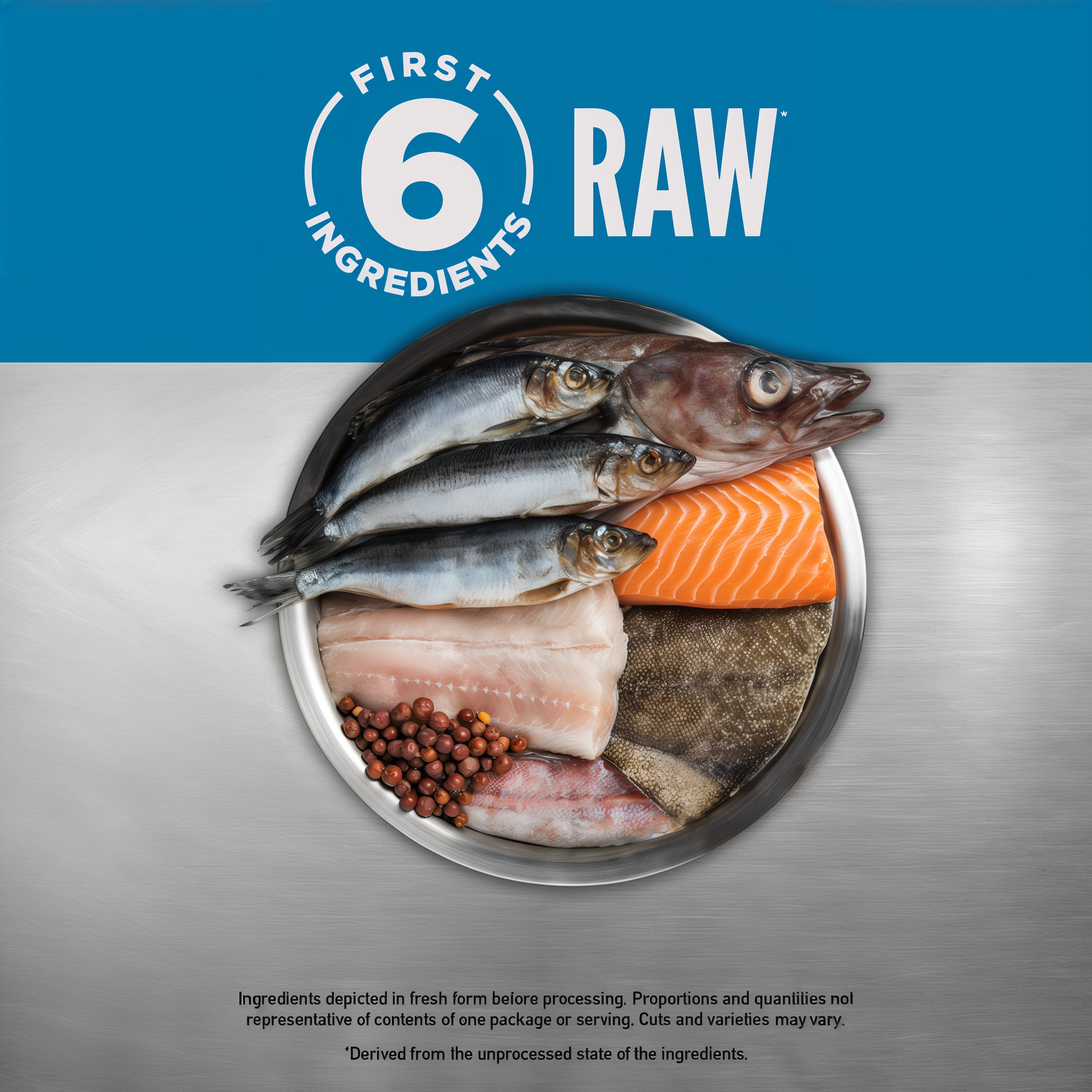 First 6 ingredients raw fish on a plate for Orijen Six Fish Dry Dog Food, including herring, salmon, and hake