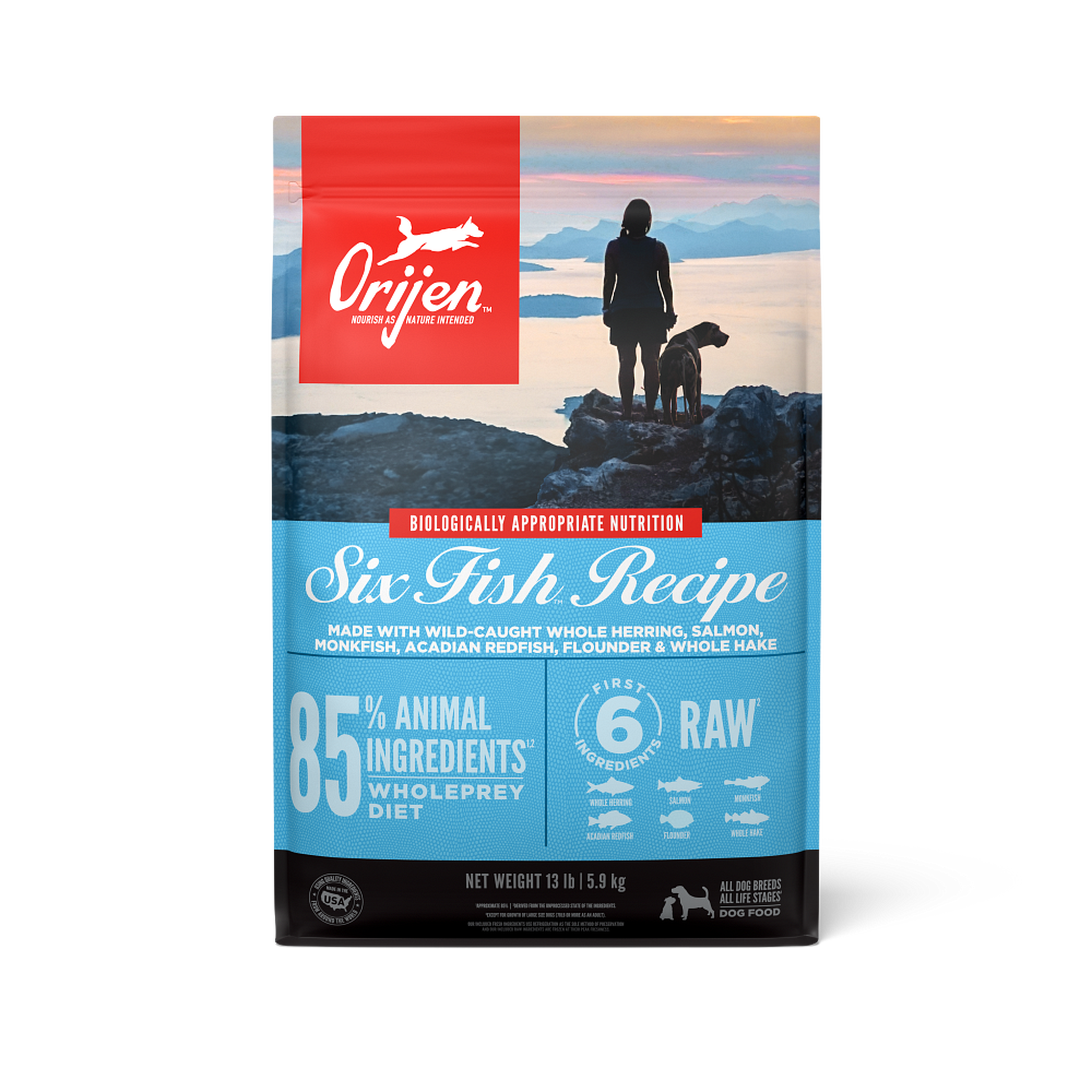 Orijen Six Fish Dry Dog Food bag front, 85% animal ingredients WholePrey diet, first 6 ingredients raw fish