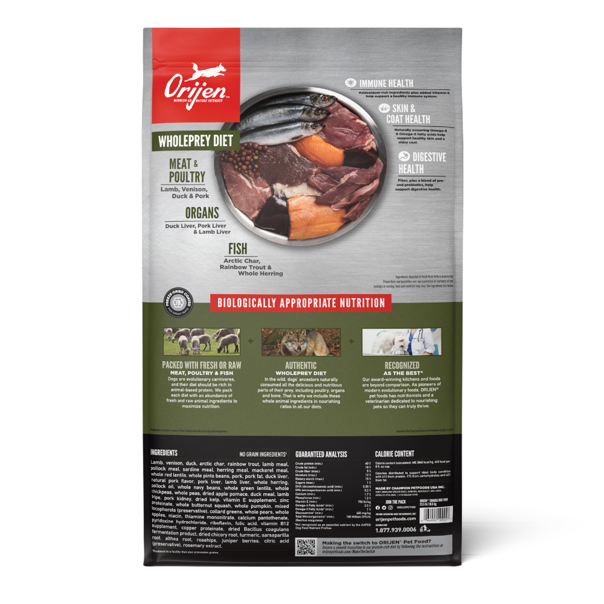 Back of the ORIJEN Tundra dry dog food bag showing the WholePrey diet of meat and poultry, organs and fish with ingredients, guaranteed analysis and calorie content