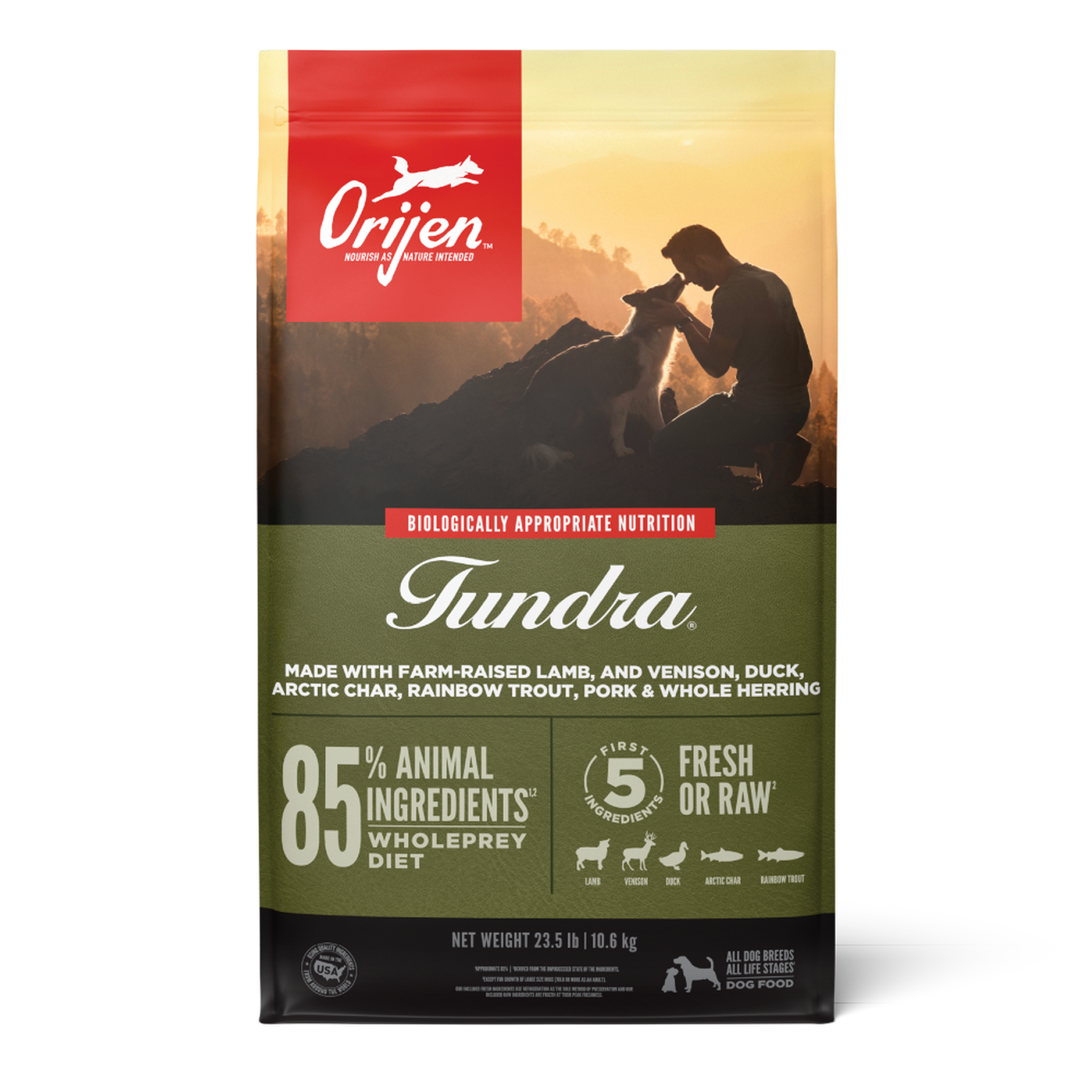 ORIJEN Tundra Biologically Appropriate dry dog food, front of the bag made with farm-raised lamb, venison, duck, arctic char, rainbow trout, pork and whole herring with 85 percent animal ingredients WholePrey diet #25 LB