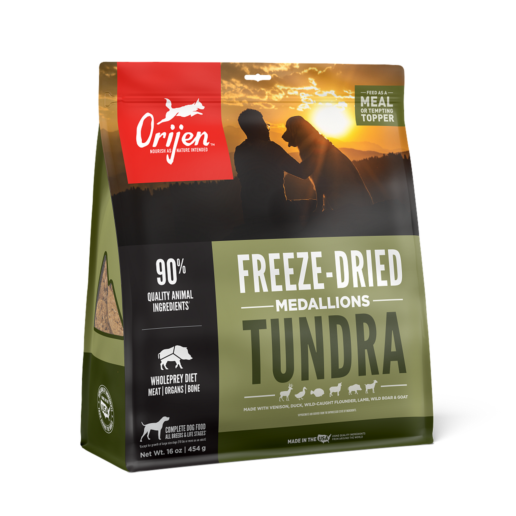 Front of the ORIJEN Tundra Freeze-Dried Medallions bag for dogs, made with venison, duck, wild-caught flounder, lamb, wild boar and goat, with 90 percent quality animal ingredients and a WholePrey diet