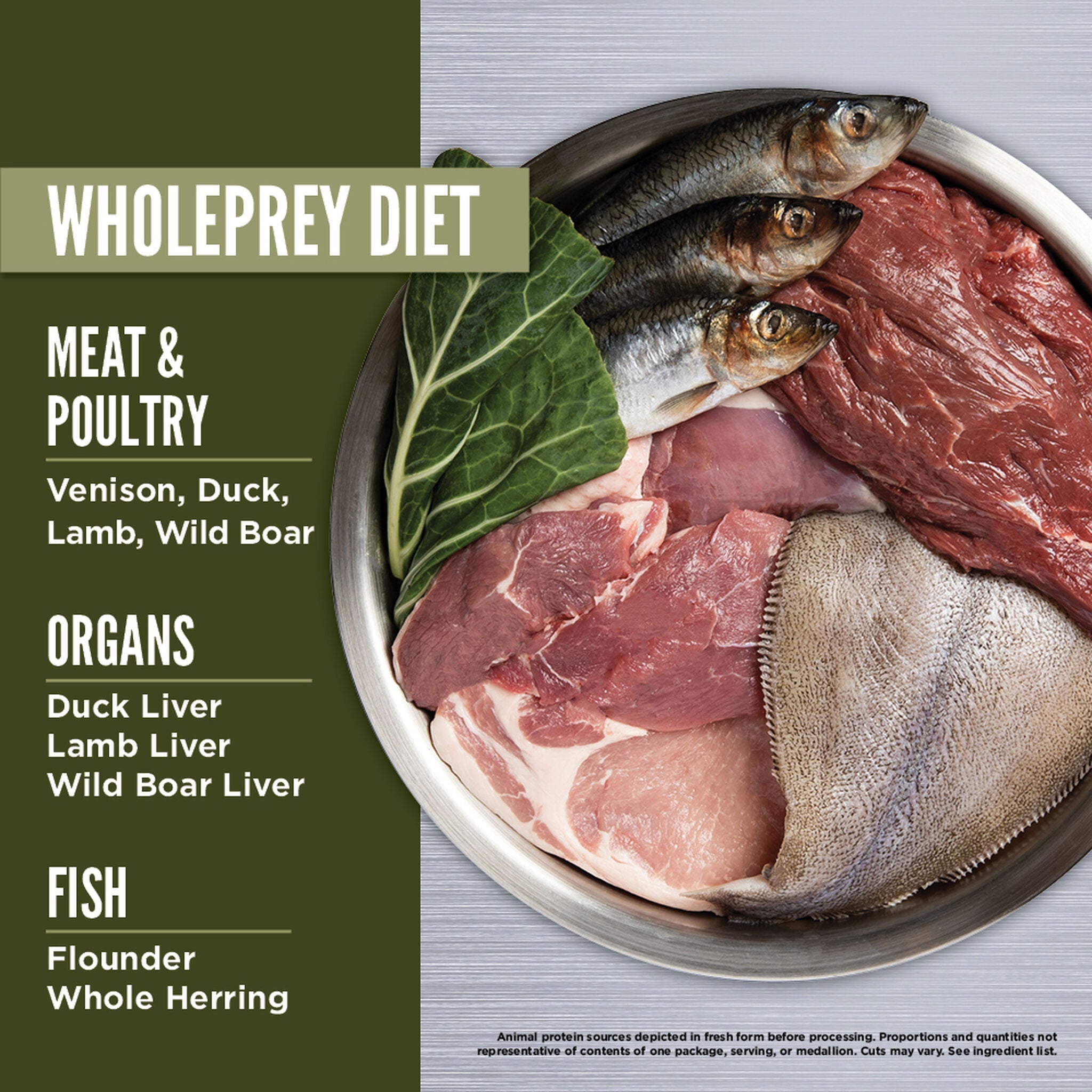 ORIJEN Tundra WholePrey diet ingredients in a bowl: venison, duck, lamb and wild boar with duck, lamb and wild boar liver, plus flounder and whole herring