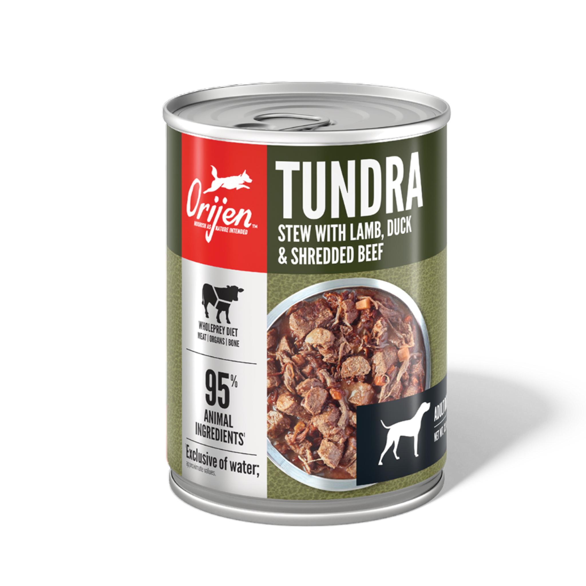 ORIJEN Tundra Stew with Lamb, Duck and Shredded Beef wet dog food, front of the 12.8 oz can with WholePrey diet and 95 percent animal ingredients callouts #12.8 OZ