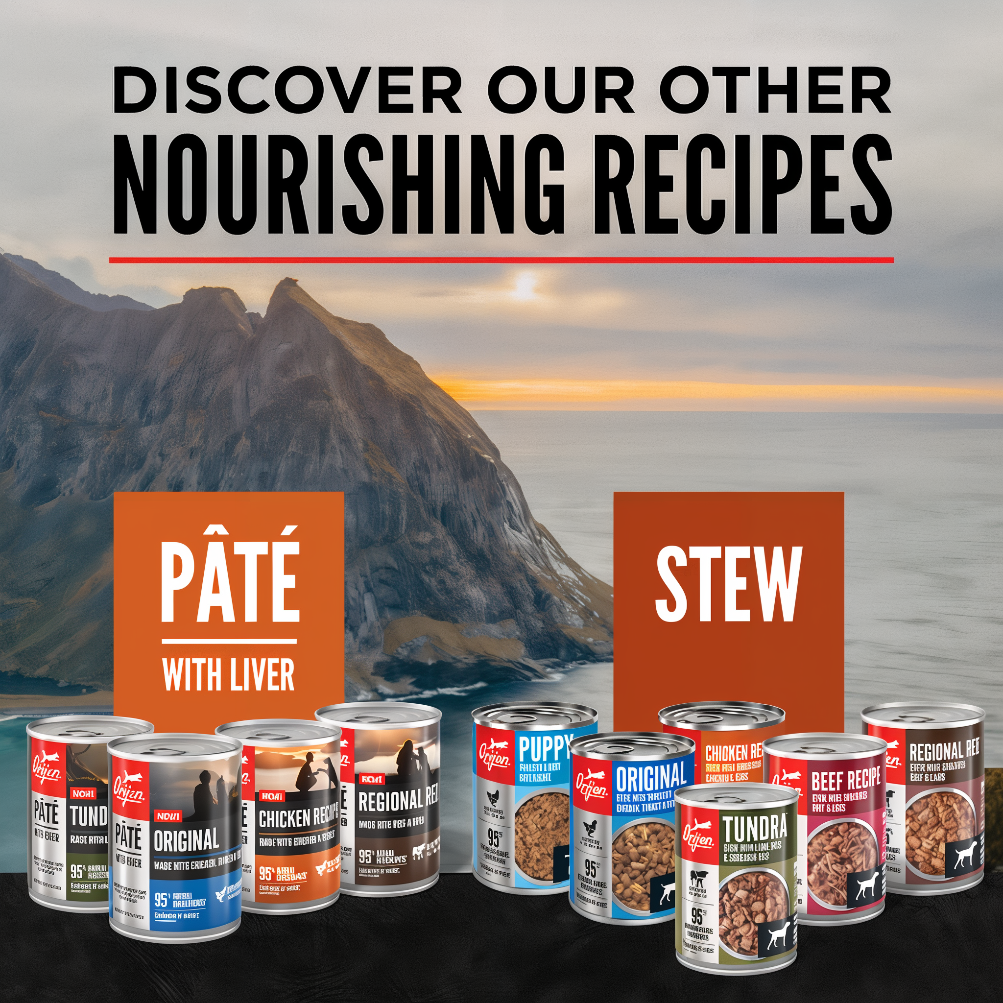 ORIJEN wet dog food family of pâté with liver and stew recipes including Chicken Recipe, Original, Tundra, Regional Red, Puppy, and Beef Recipe