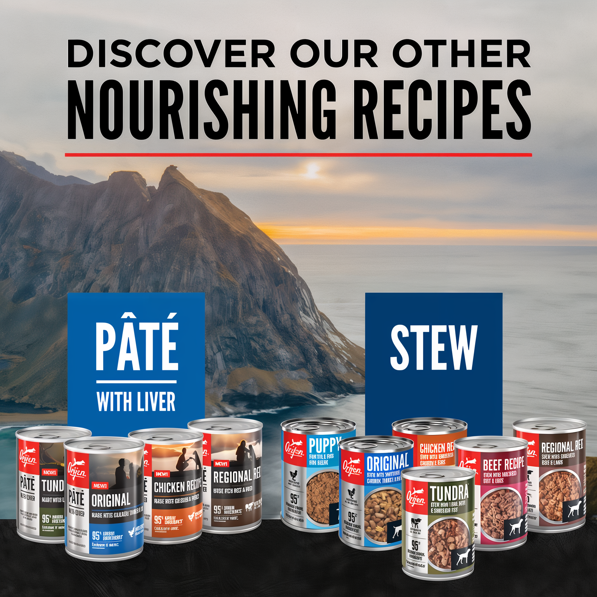ORIJEN wet dog food family of pâté with liver and stew recipes including Original, Chicken Recipe, Tundra, Regional Red, Puppy, and Beef Recipe
