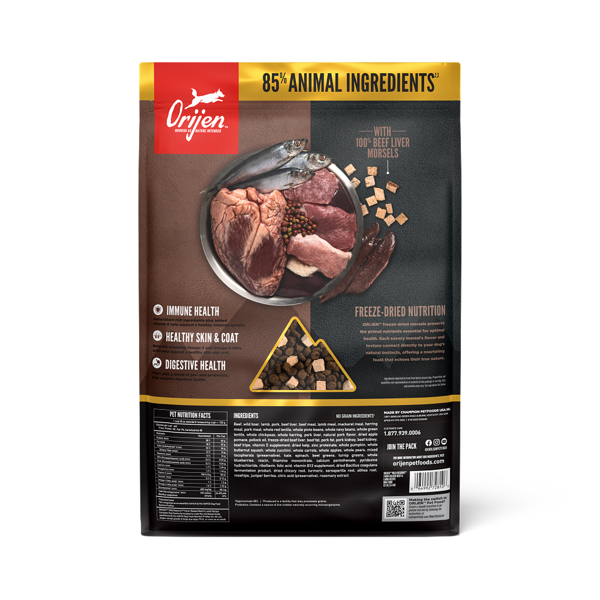 Back of the ORIJEN Wild Reserve Beef & Lamb dry dog food bag showing 85 percent animal ingredients, a bowl of raw meats, organs and fish, freeze-dried nutrition, and callouts for immune, skin and coat, and digestive health