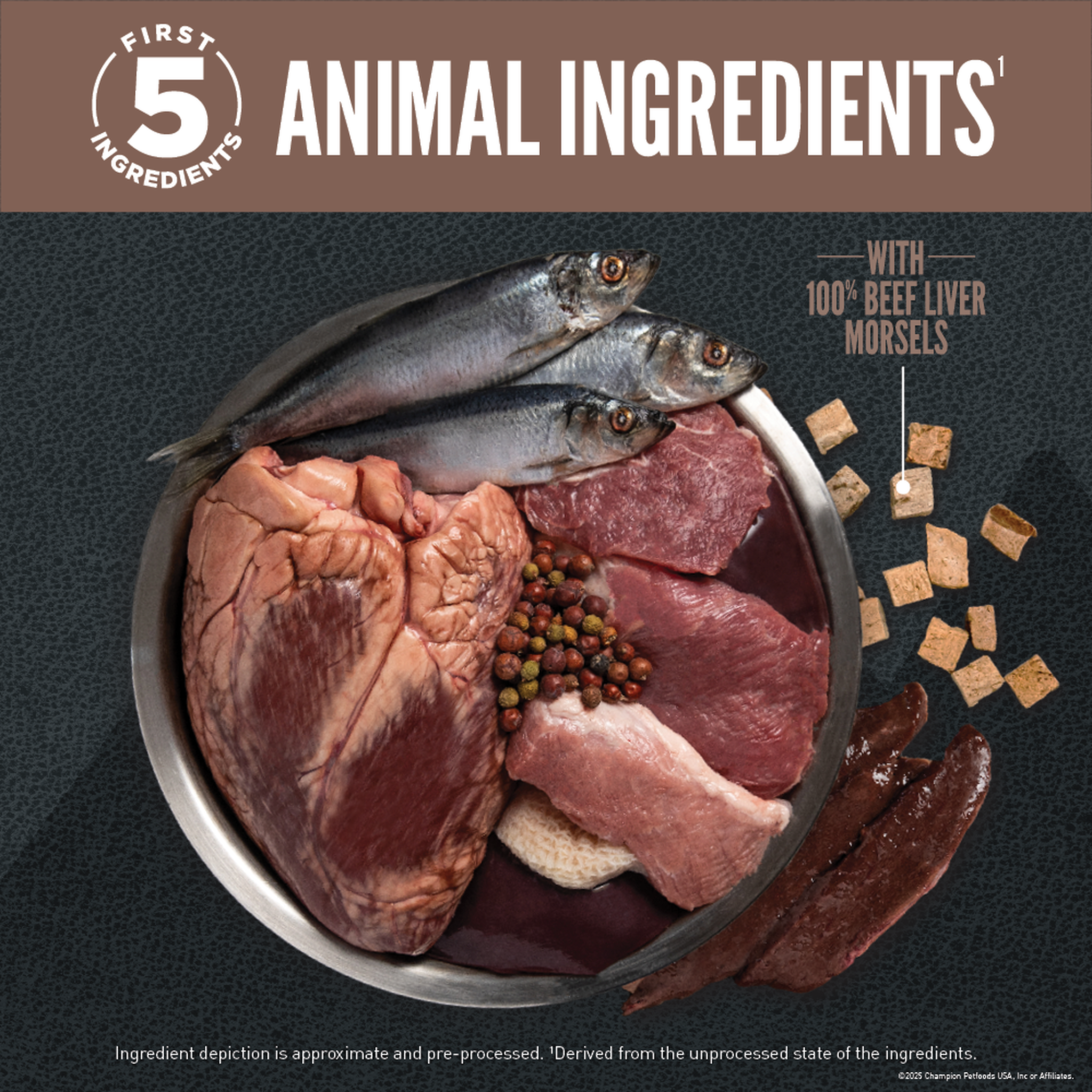 First 5 animal ingredients for ORIJEN Wild Reserve Beef & Lamb shown as a bowl of raw fish, beef heart, beef, pork and tripe with peppercorns, plus freeze-dried beef liver morsels and whole liver