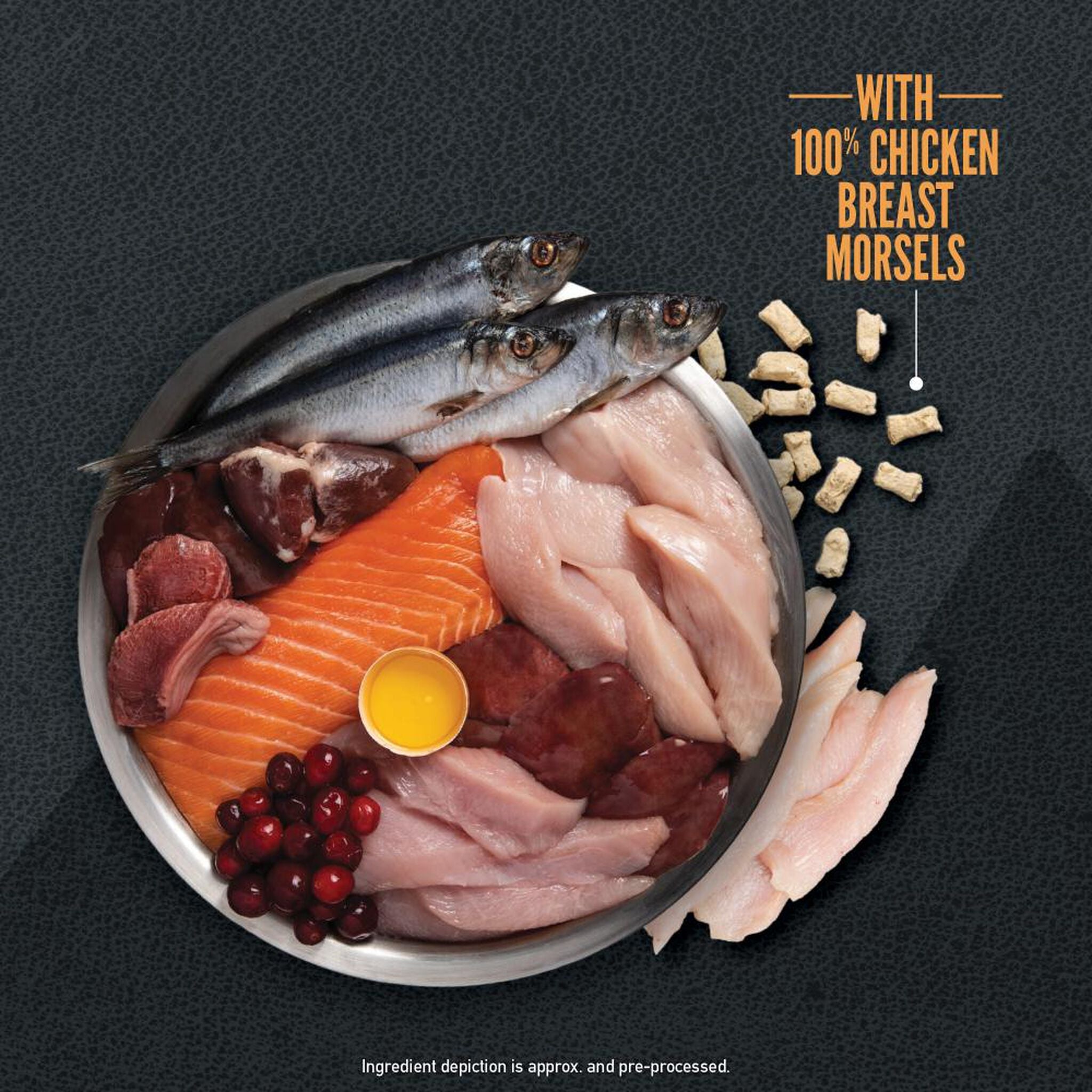 Dish of raw animal ingredients including whole herring, salmon, chicken breast, turkey giblets, cranberries and egg with freeze-dried chicken morsels