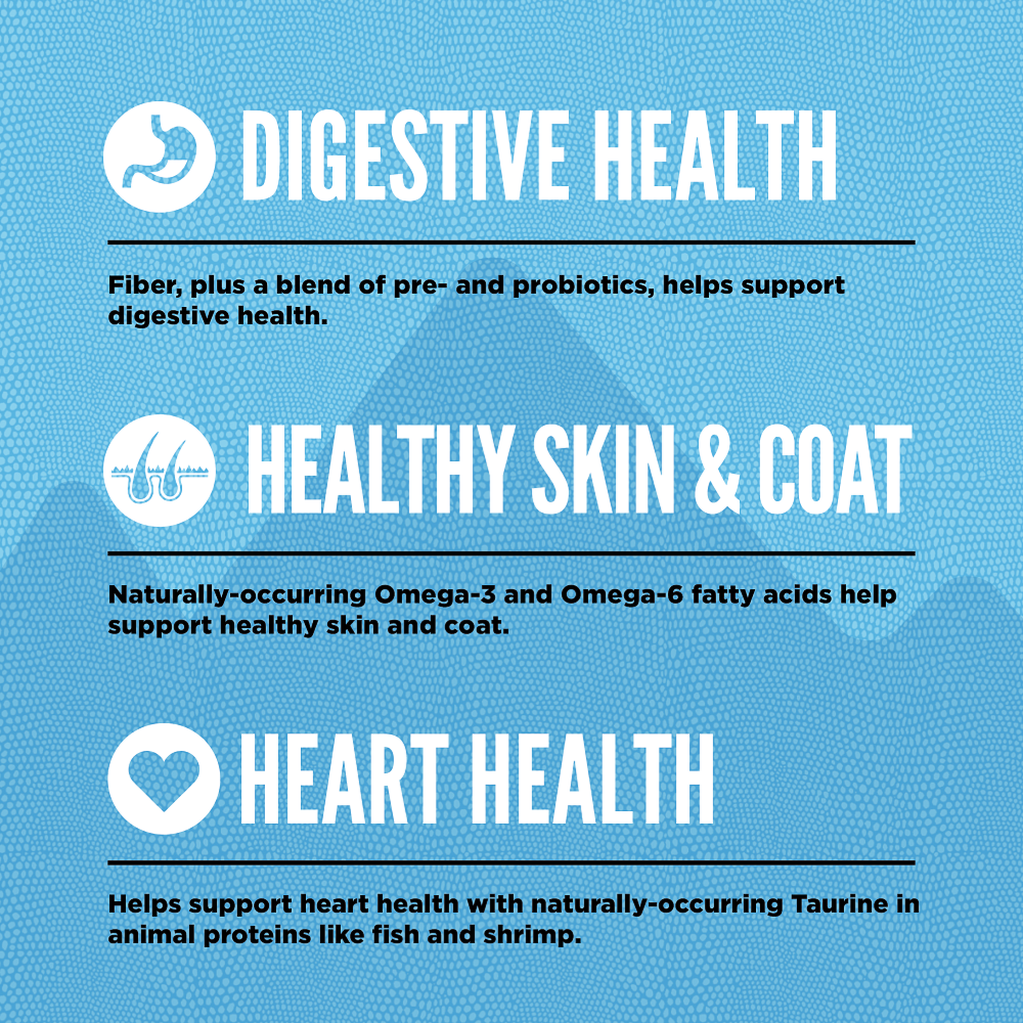 Orijen Wild Reserve benefits graphic for digestive health, healthy skin and coat and heart health