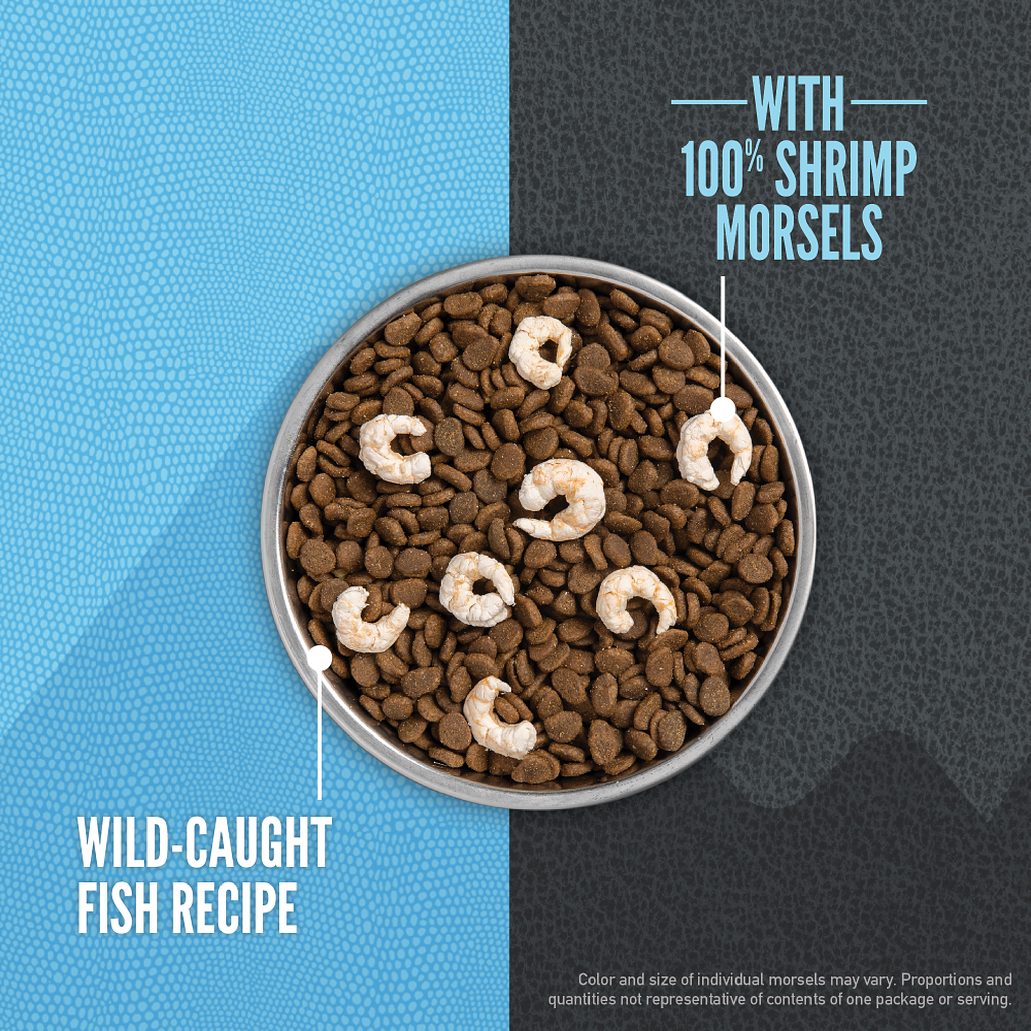 Bowl of Orijen Wild Reserve fish cat kibble topped with freeze-dried shrimp morsels