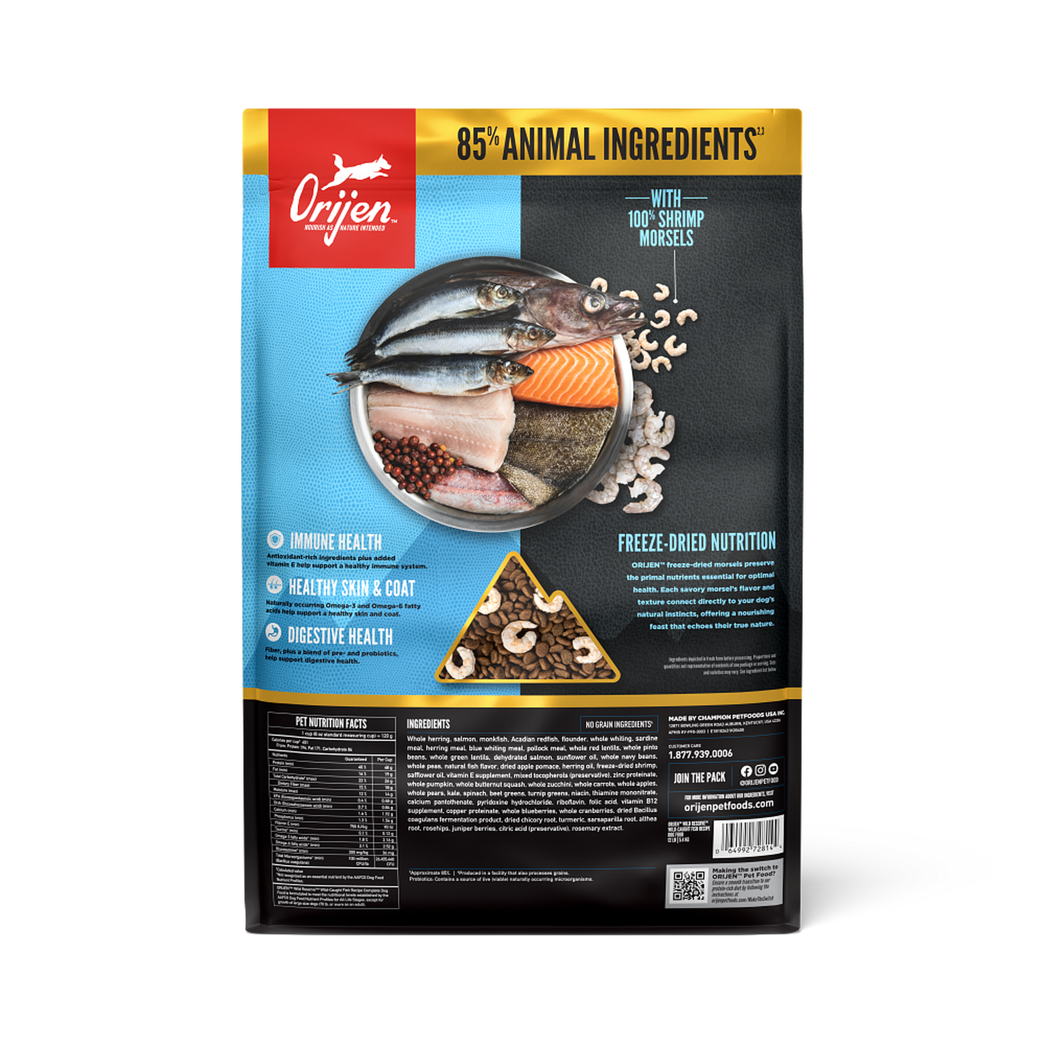 Orijen Wild Reserve Wild-Caught Fish back of bag showing 85% animal ingredients, guaranteed analysis and ingredient list