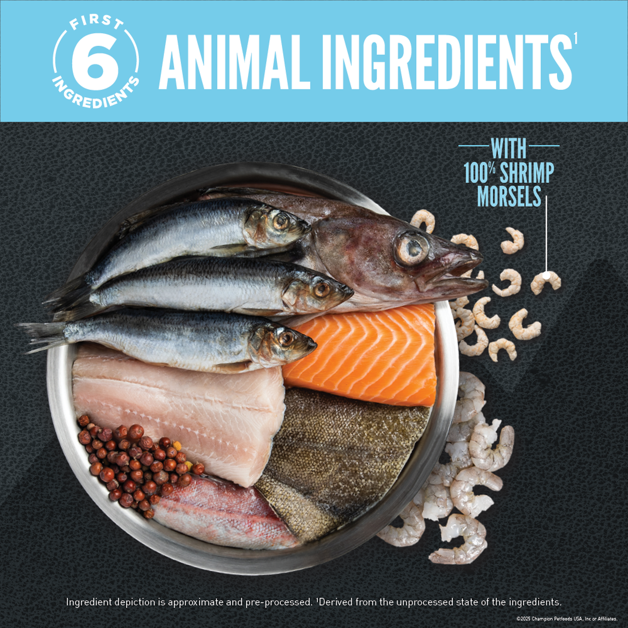 First six raw animal ingredients including whole herring, salmon, monkfish, redfish, flounder and shrimp in a bowl
