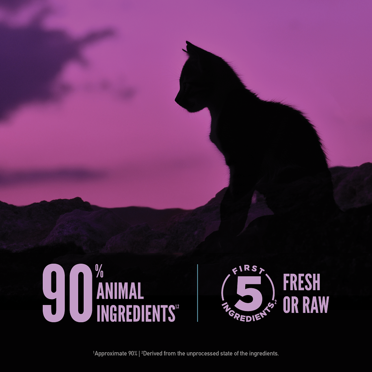 ORIJEN Wild Reserve Kitten graphic: 90 percent animal ingredients and first 5 ingredients fresh or raw, with a kitten silhouette at dusk