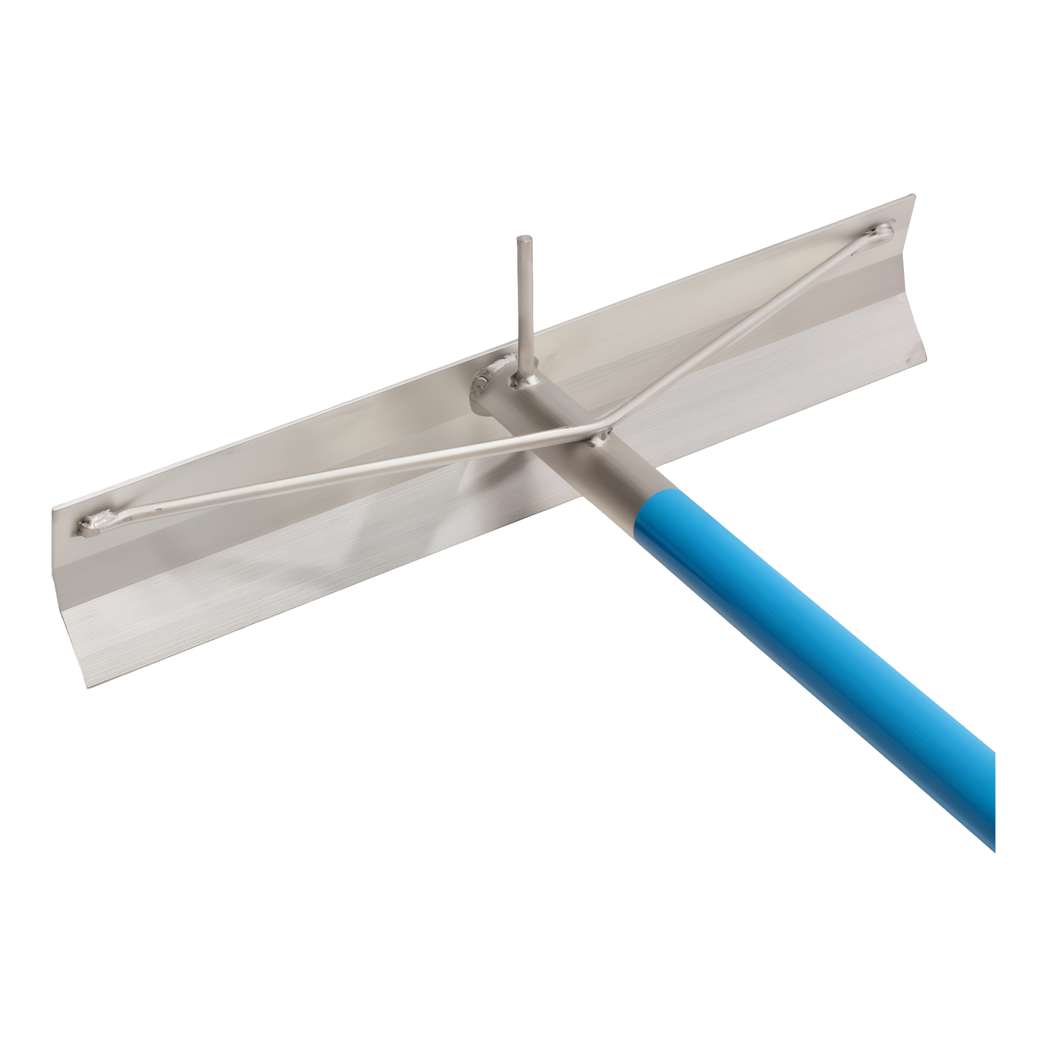 OX Pro concrete rake head detail showing the aluminum blade and integrated rebar mesh hook on the back