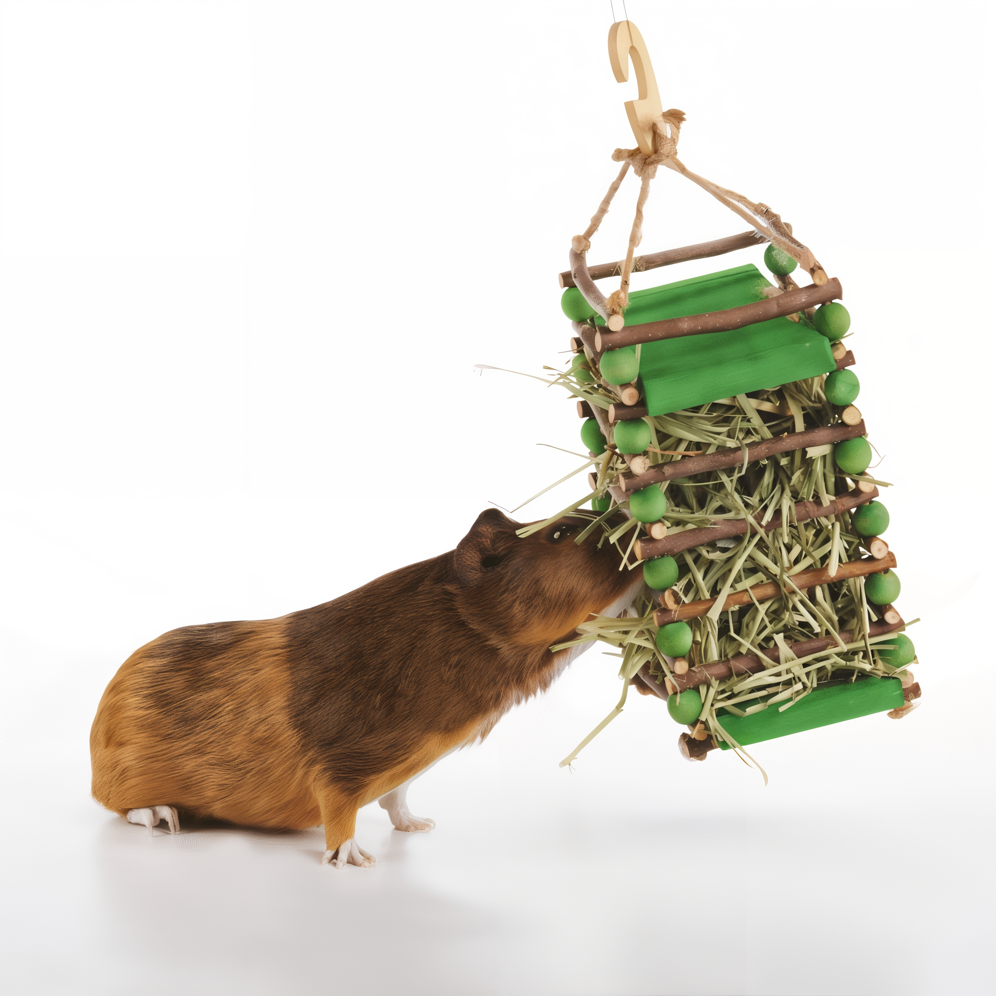 Guinea pig pulling hay from the Apple Stick Hay Feeder
