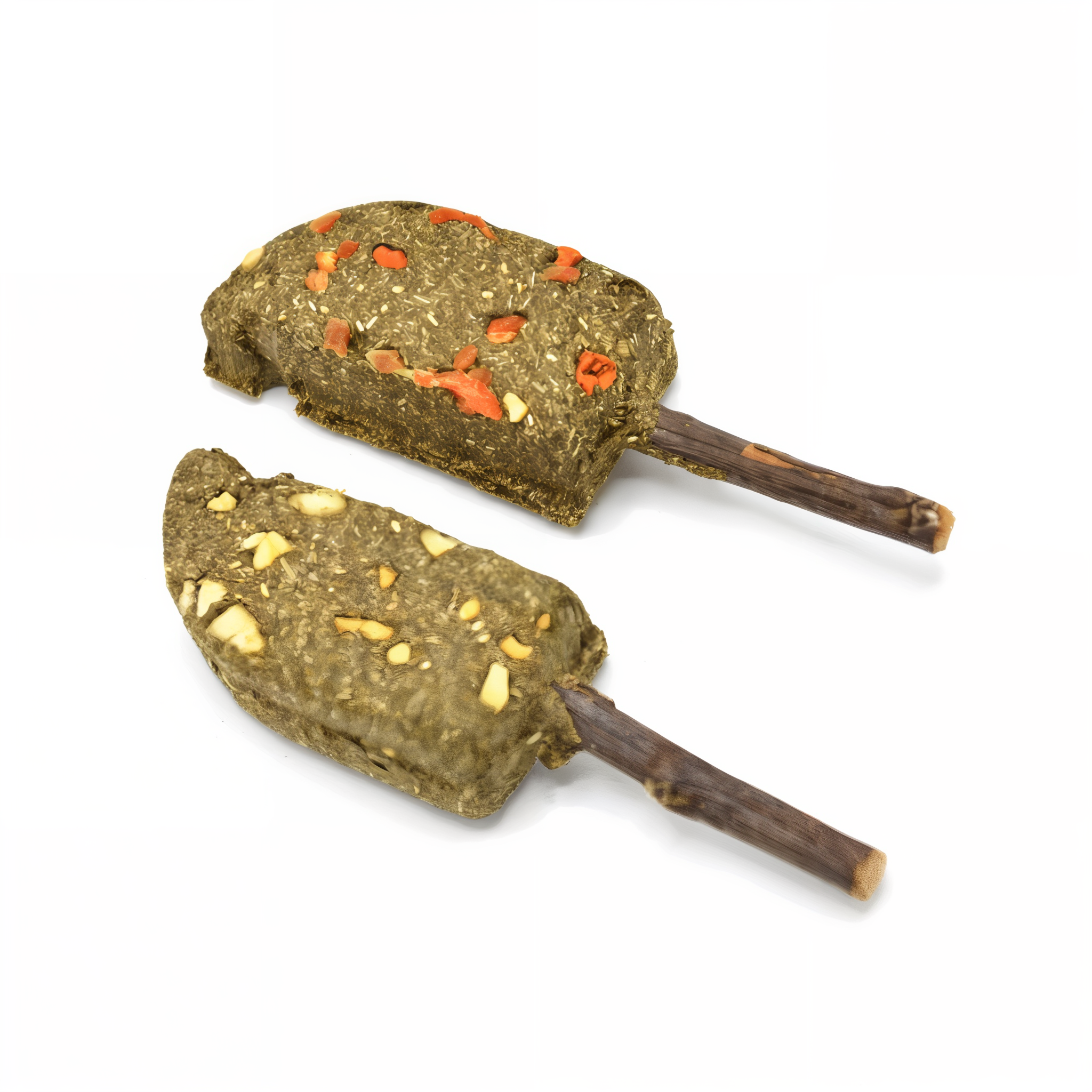 Two Timothy Popsicle chews showing natural stick handles
