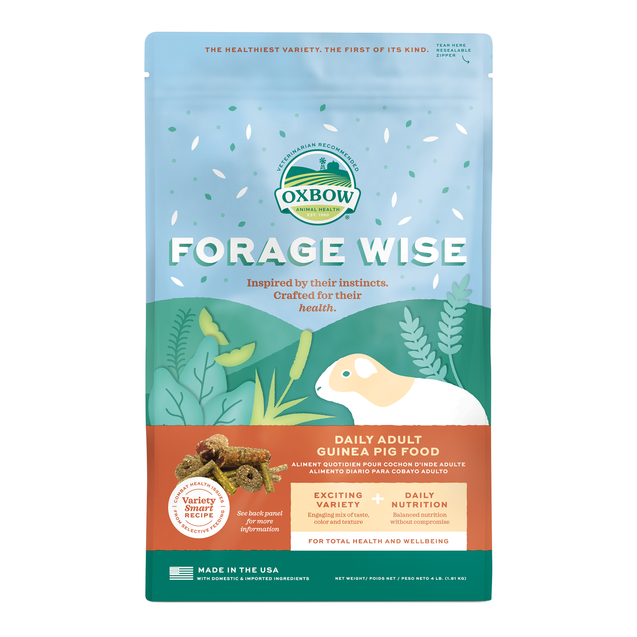 Oxbow Forage Wise Adult Guinea Pig Food 4 lb bag, front