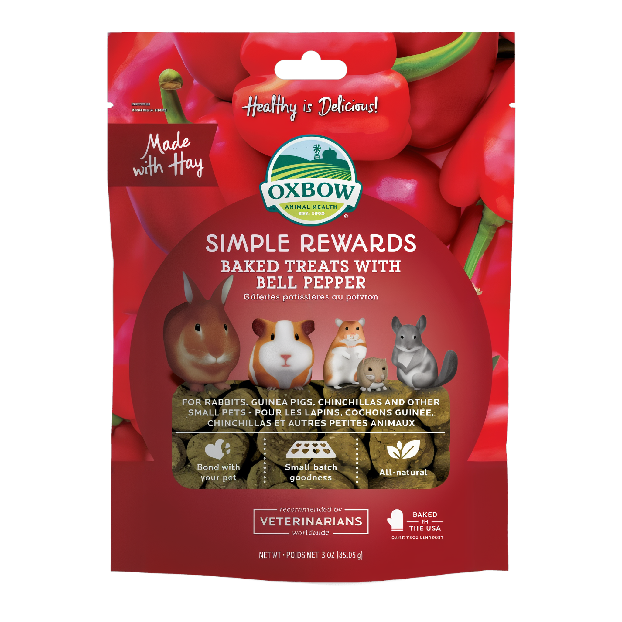Oxbow Simple Rewards Baked Treats with Bell Pepper 3 oz bag, front