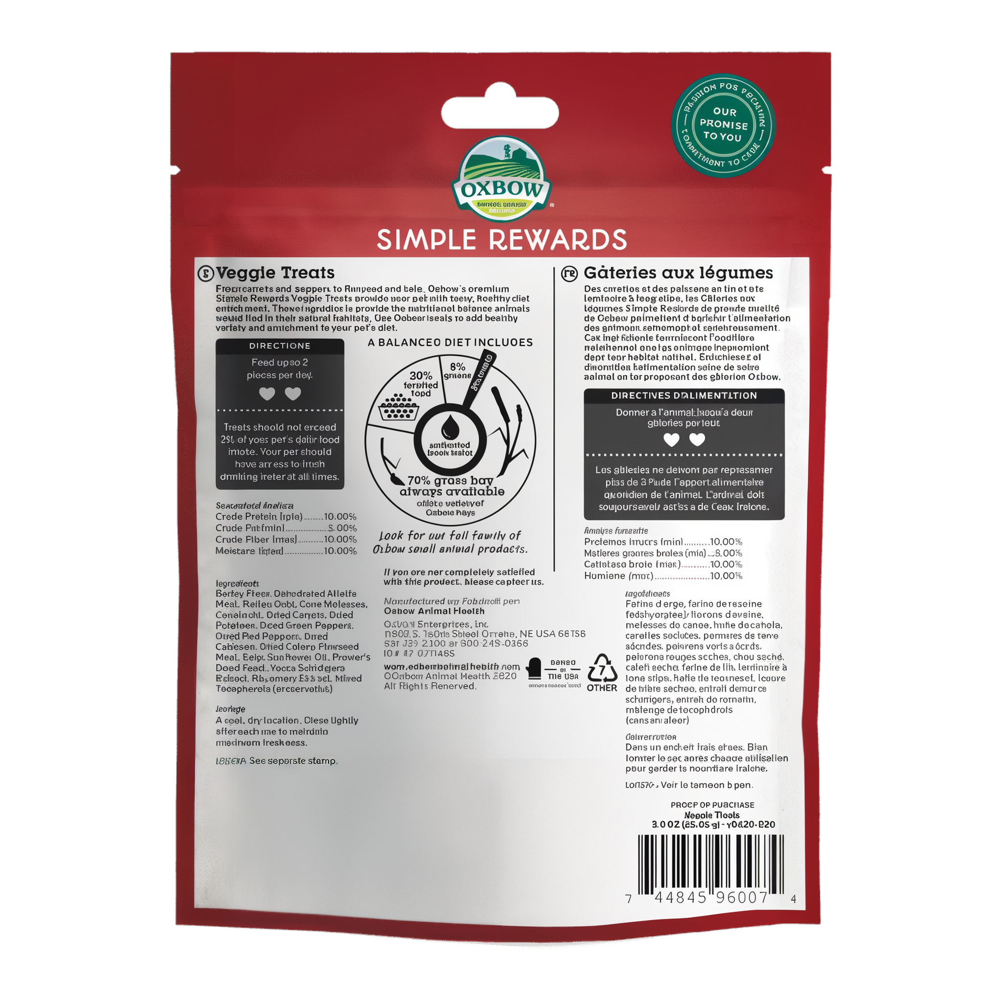 Back of the Veggie Treats bag with ingredients and feeding directions