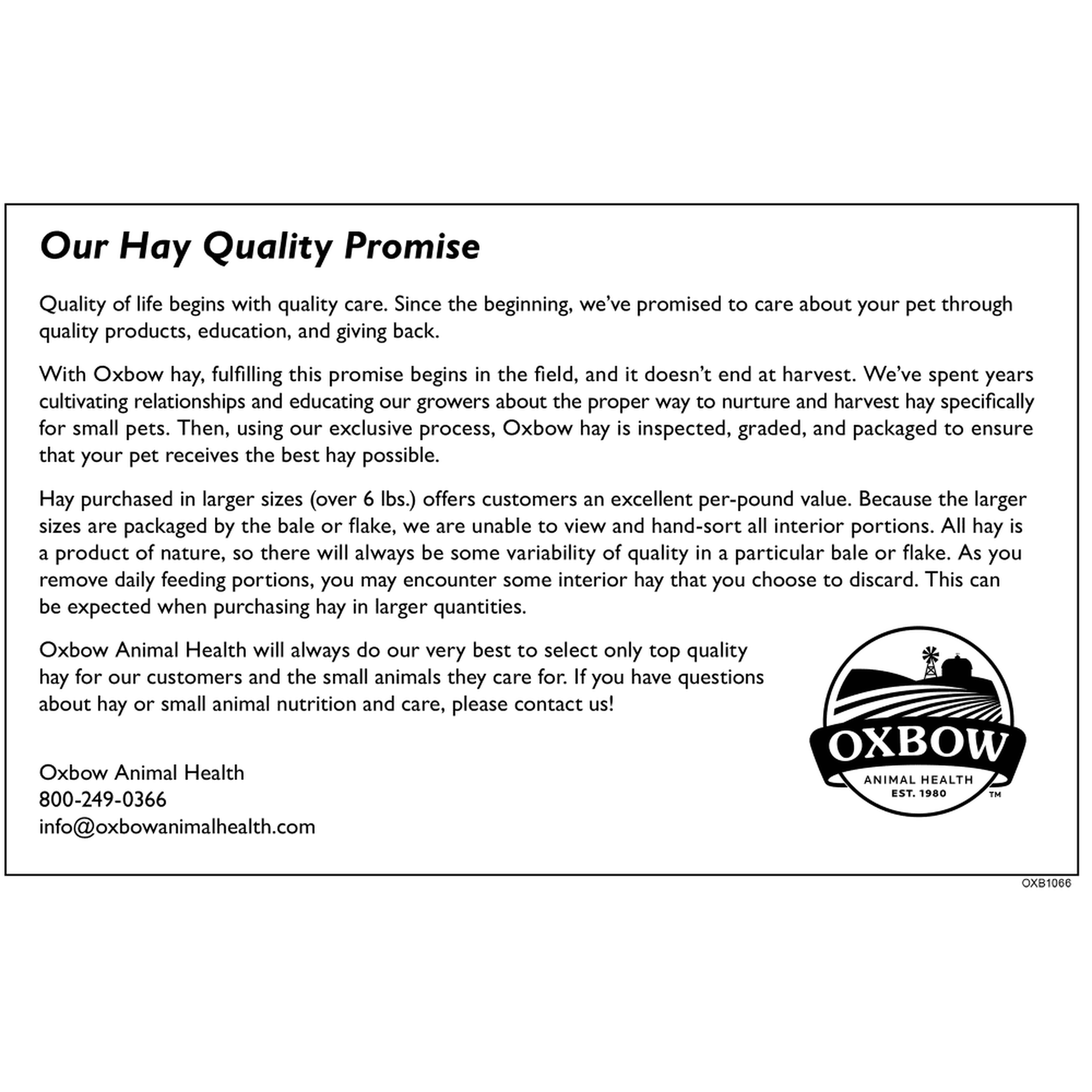 Oxbow hay quality promise packaging insert
