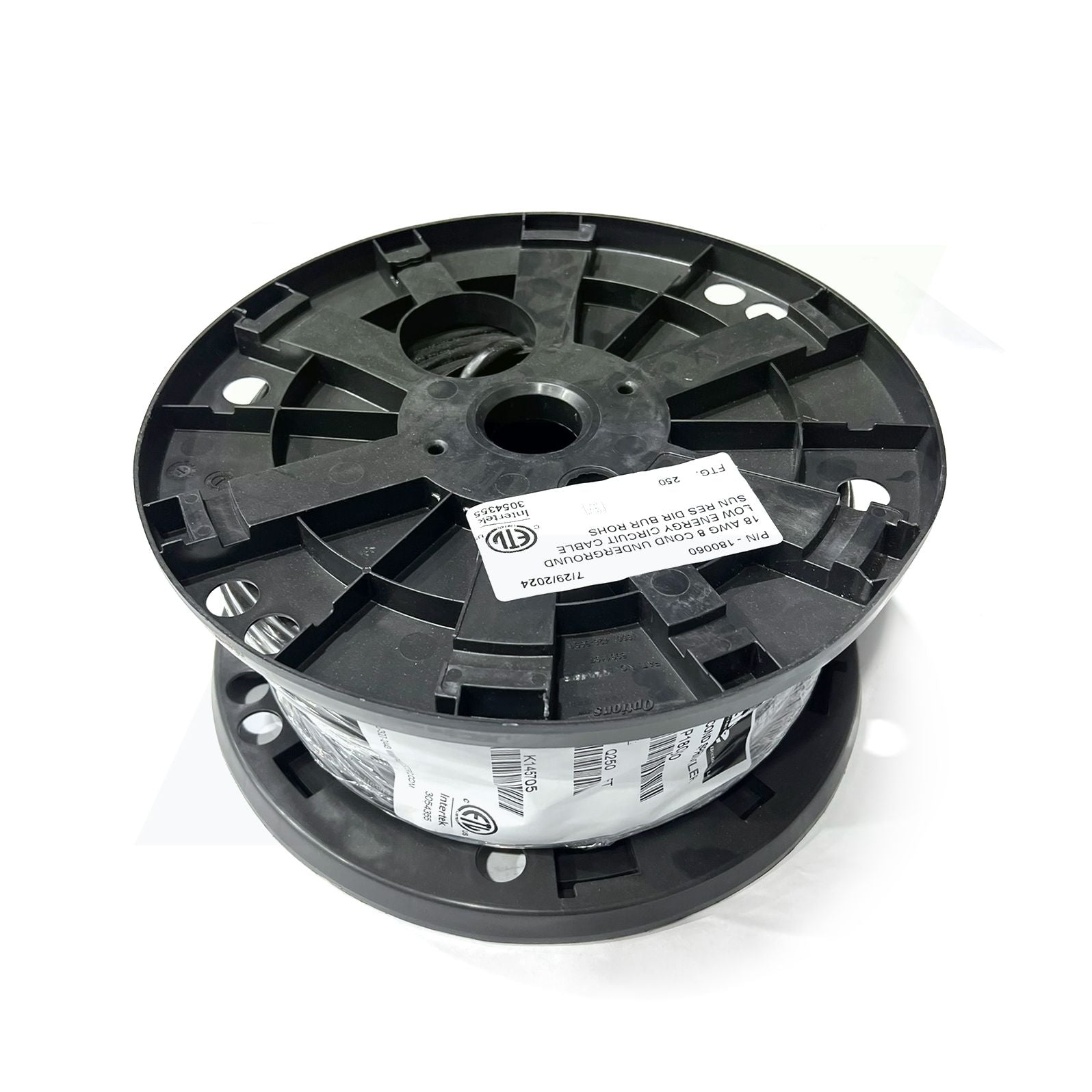 Paige 18 AWG direct burial sprinkler cable on a 250 ft black plastic reel laying on its side showing the spool flange face and ETL listed manufacturer label