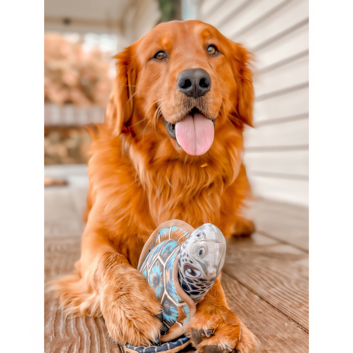 Pawprintz sea turtle dog toy held by a golden retriever on a front porch