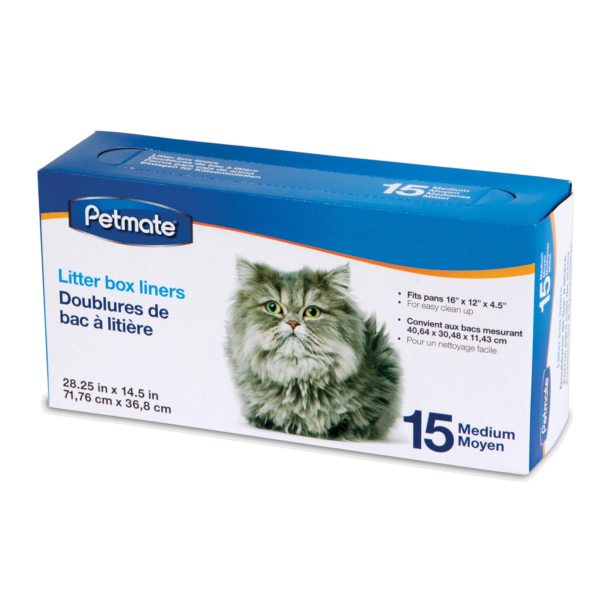 Petmate Litter Box Liners medium 15 count box, liners 28.25 x 14.5 inches, fits pans up to 16 x 12 x 4.5 inches