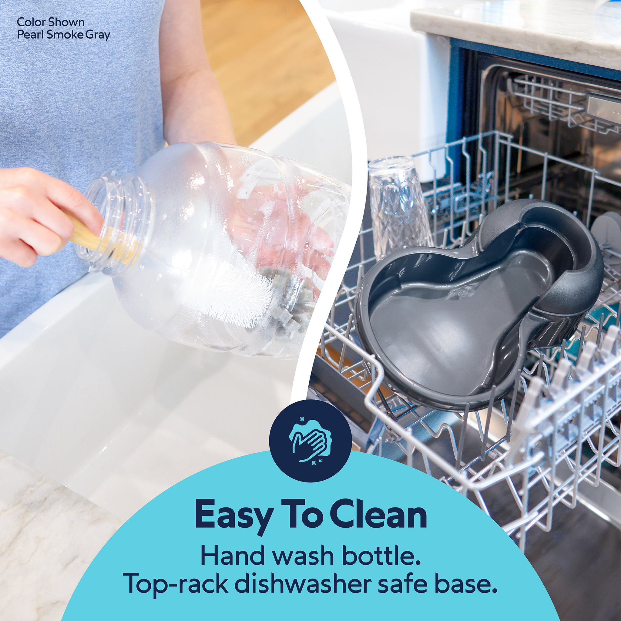 Easy to clean: hand wash the bottle, top-rack dishwasher safe base shown in a dishwasher